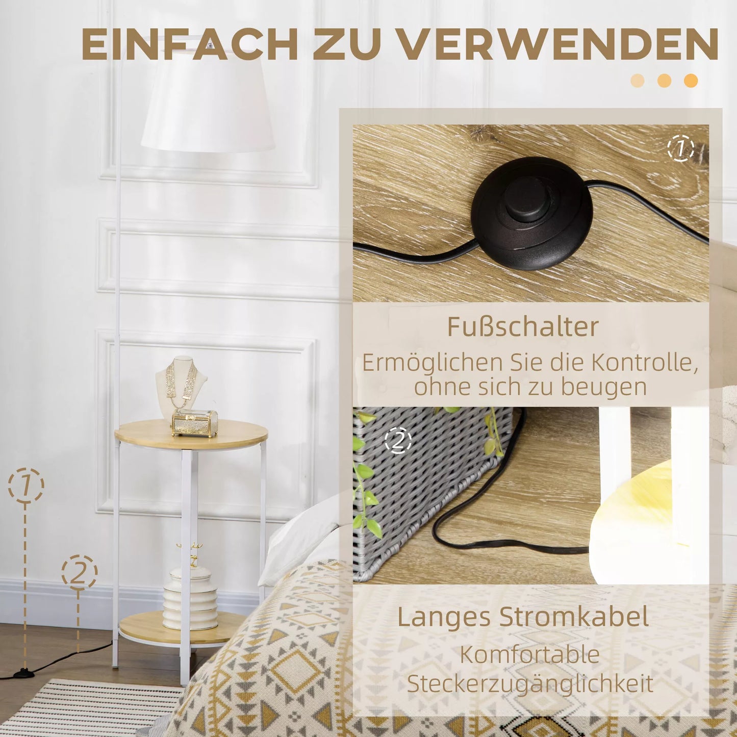 Pastatomas šviestuvas su 2 lentynomis, grindų šviestuvas, kojinis jungiklis, 40 W. E27, Natūralios spalvos + Balta