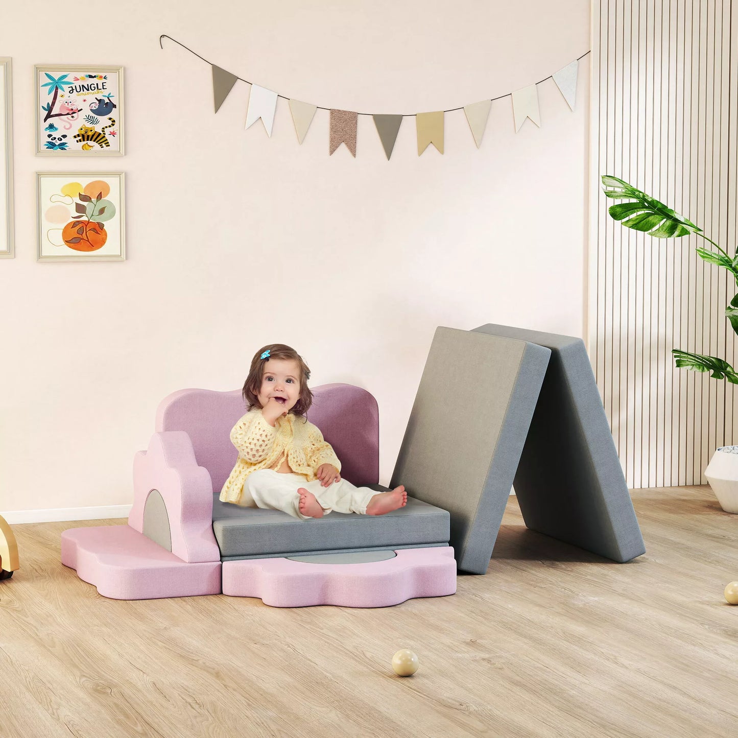 12 dalių putplasčio blokelių rinkinys laipiojimui, statyboms, ropojimui, vidiniai žaidimų kilimėliai su kordiniu užvalkalu, Pilka+Rožinė