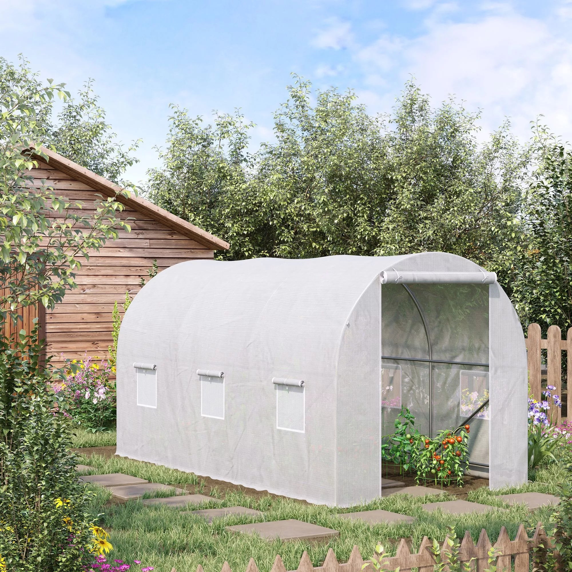 Šiltnamis 350x200x200cm Plėvelinis šiltnamis Pomidorų namelis su durimis, langu, plėvelinis tunelis iš cinkuoto plieno, augalų tunelis, šiltnamis su žemės inkarais ir virvėmis, sodo tunelis, baltas