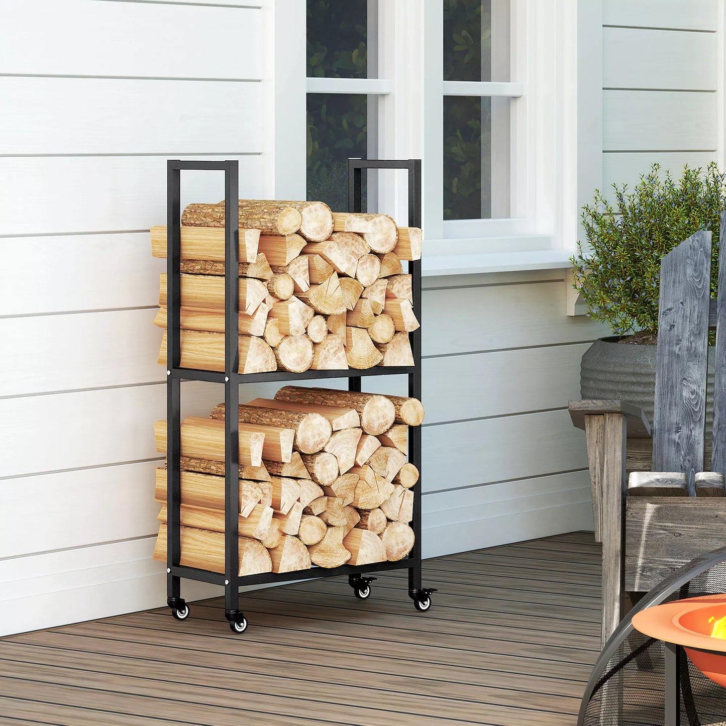 Vidinė malkinė plieninė 60 x 30 x 119cm 2 lentynų malkų laikiklis su ratuku juoda