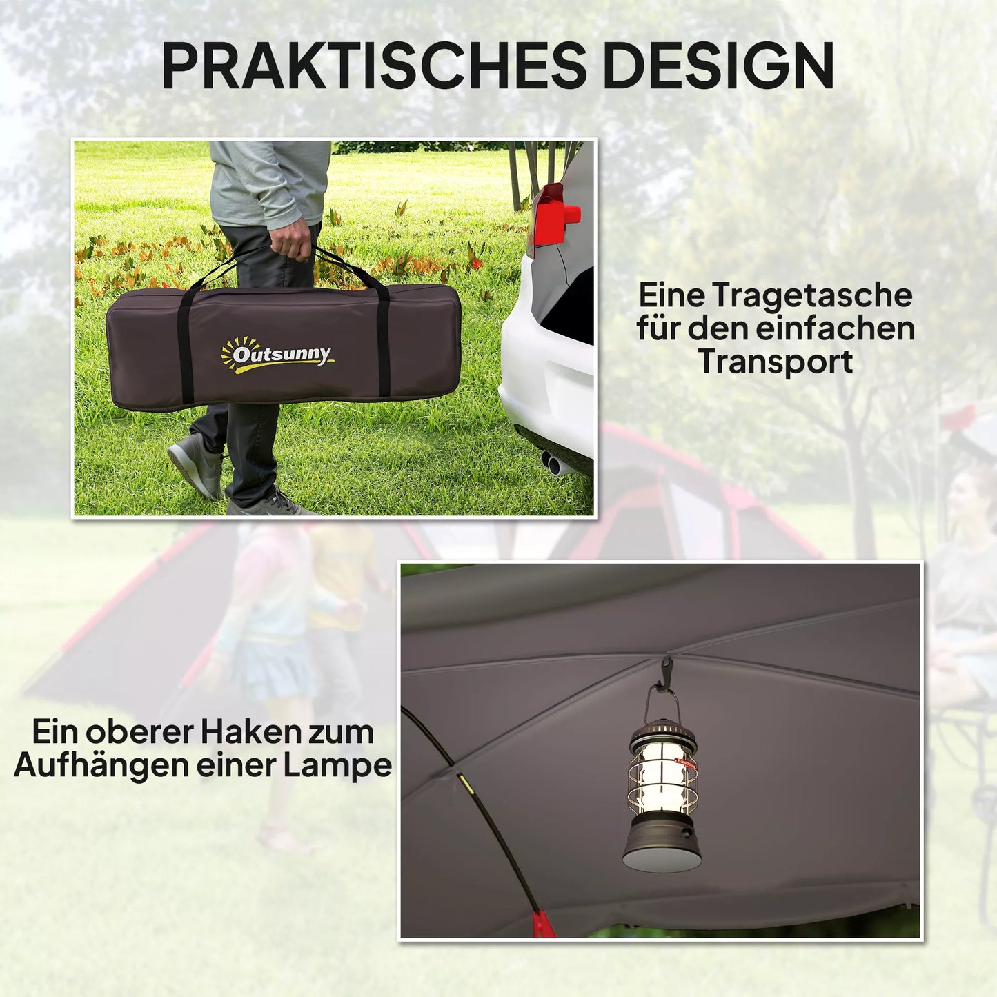 Tunelinis lauko palapinė 4-6 žmonėms, su 3 skyriais, kabliuku šviestuvui, dvigubomis durimis, pilka