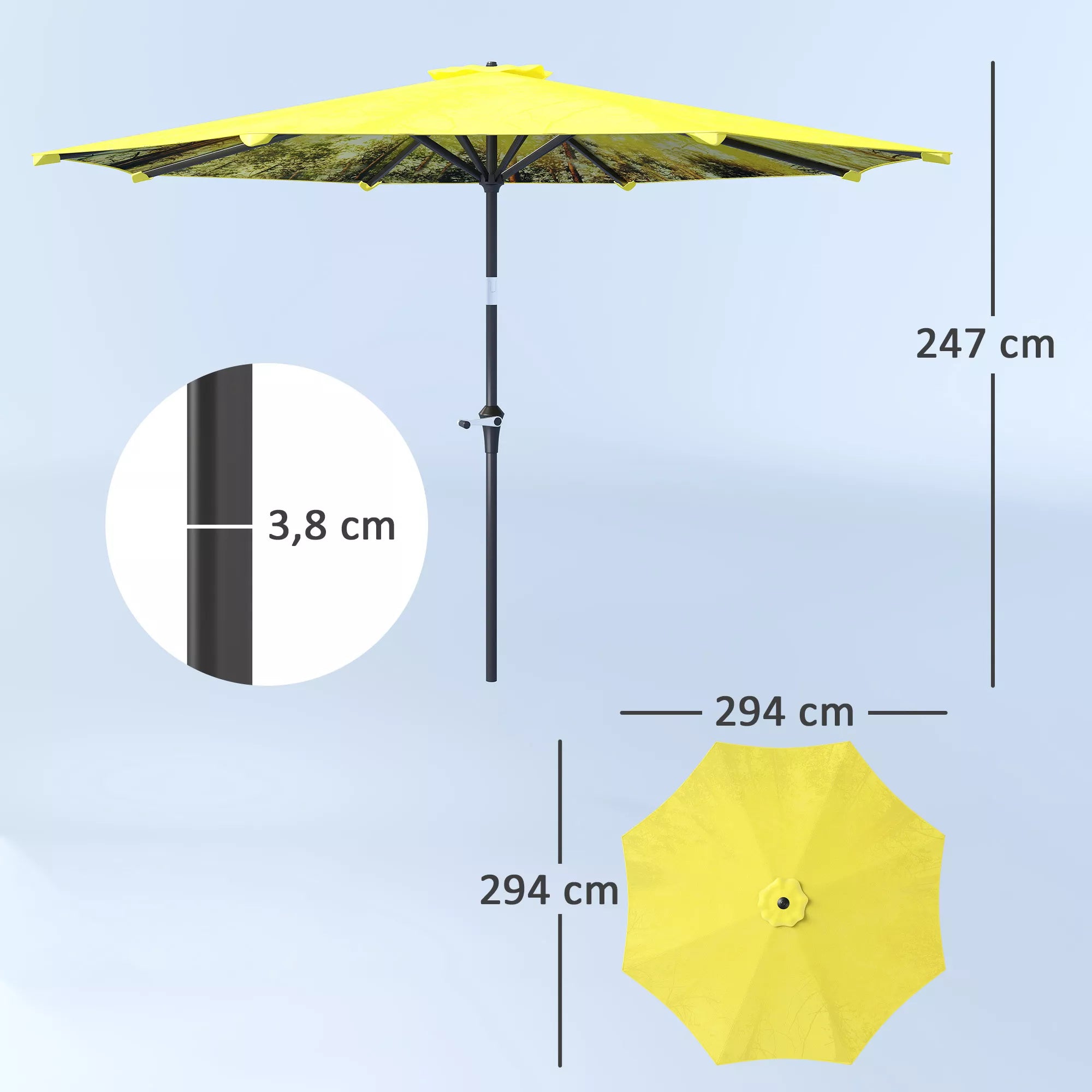 Skėtis nuo saulės Ø300 cm, skėtis nuo saulės su rankine, aštuonkampis balkono skėtis, geltonas