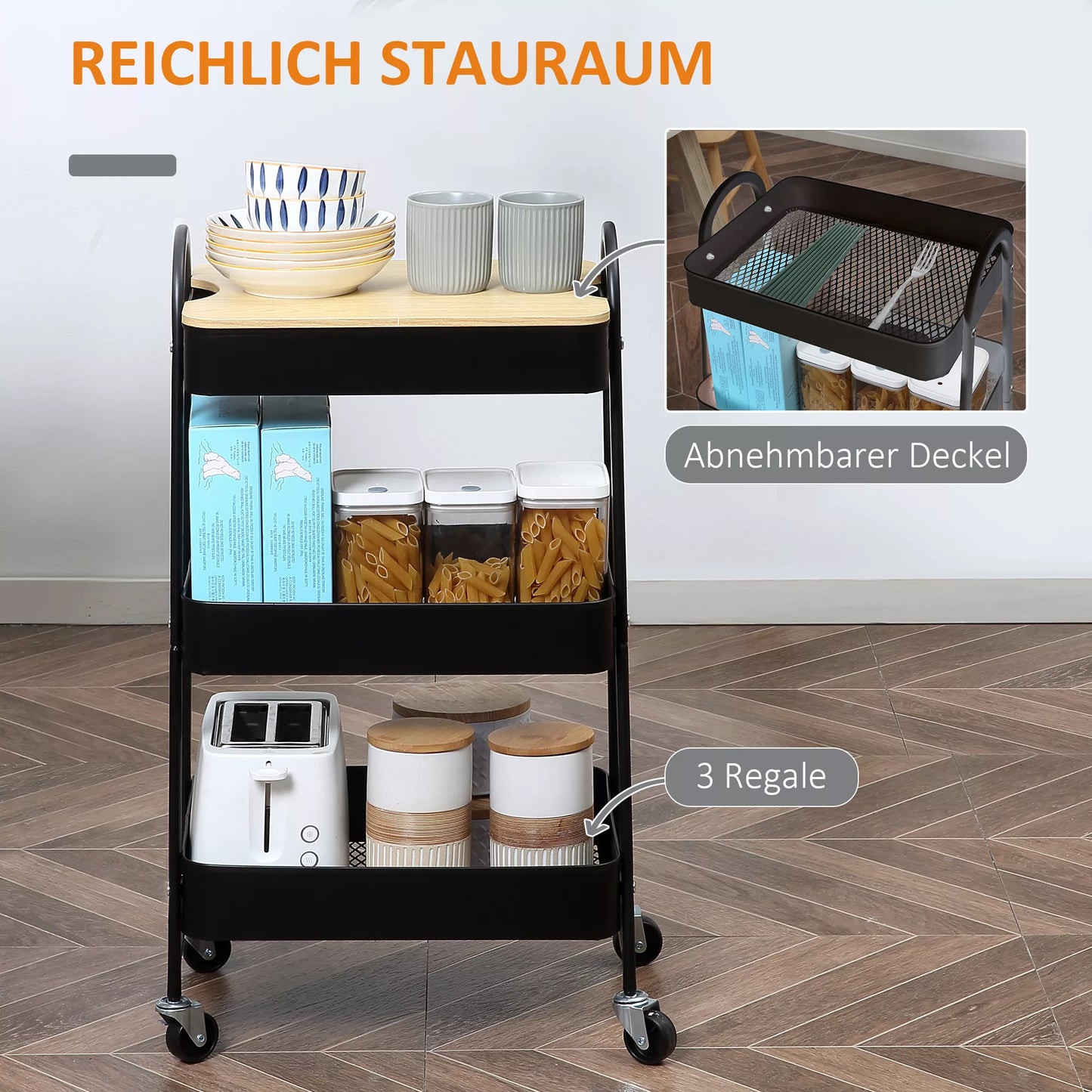 Vežimėlis, serviravimo vežimėlis su 3 krepšio lentynomis, metalas, plastikas, juodas