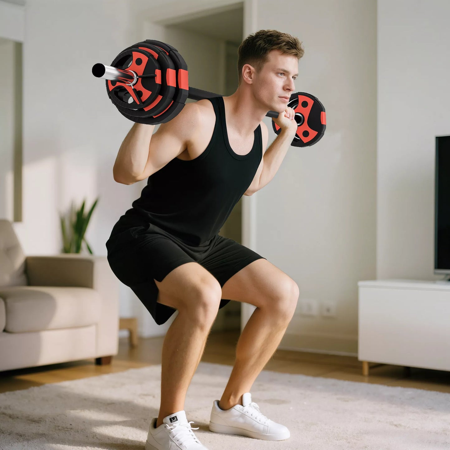 Hantelų rinkinys 20 kg, įskaitant 6 hantelų diskus, 2 x 5 kg, 2 x 2,5 kg, 2 x 1,25 kg, neslystantis strypas, juodas + raudonas