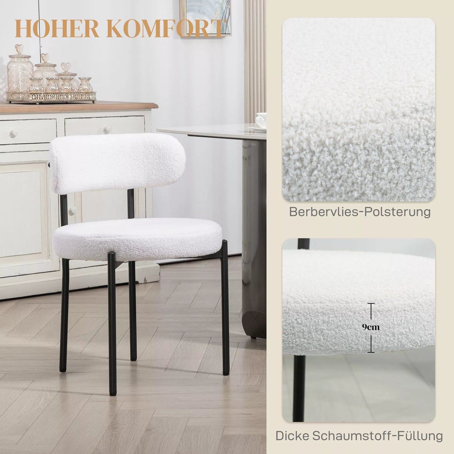 2 vnt. valgomojo kėdžių rinkinys, vilnos apmušalas, kėdės su paminkštinta sėdyne, metalinės kojos, kreminės baltos spalvos