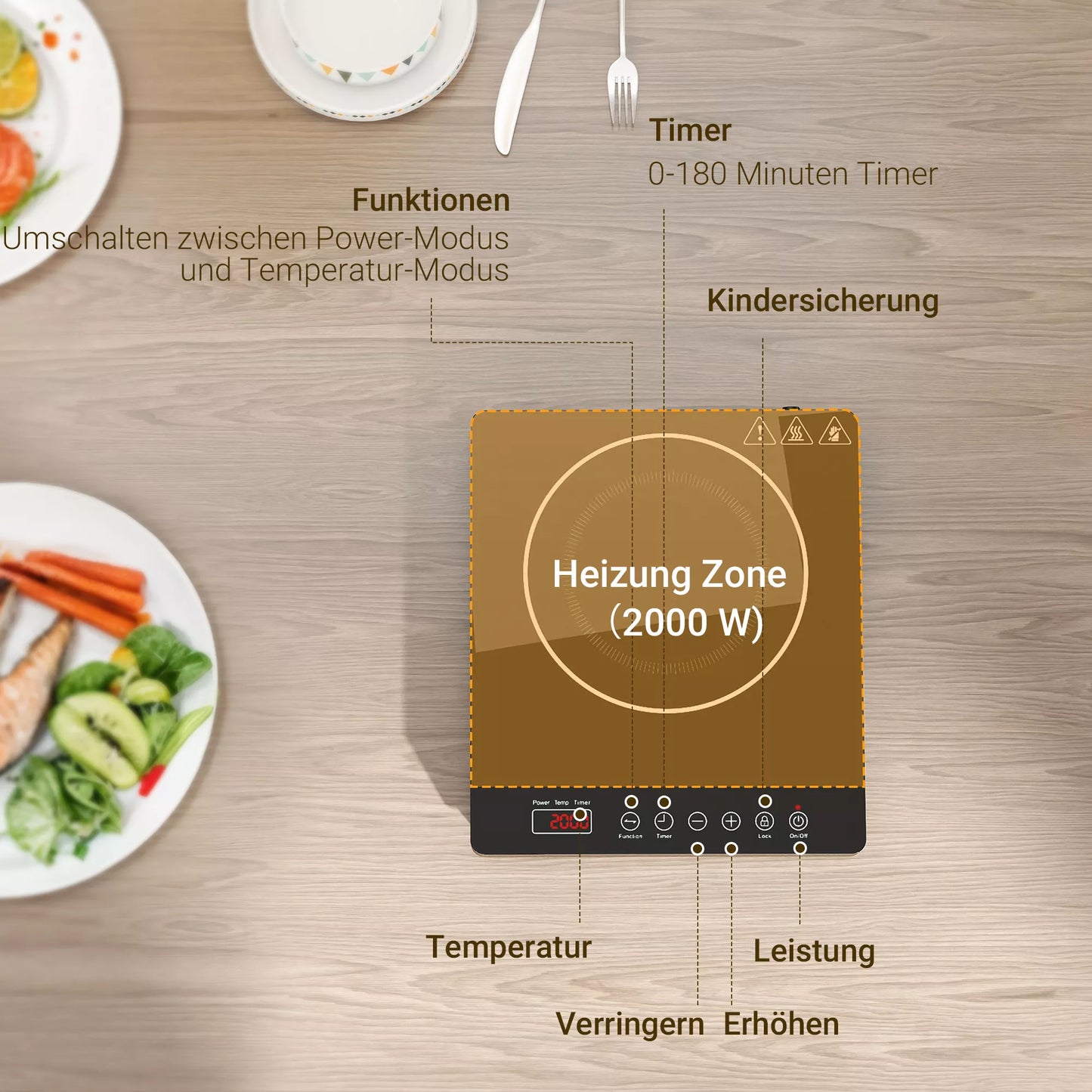Indukcinė kaitlentė su 10 pakopų temperatūros valdymu, lietimui jautriu skydeliu, juoda