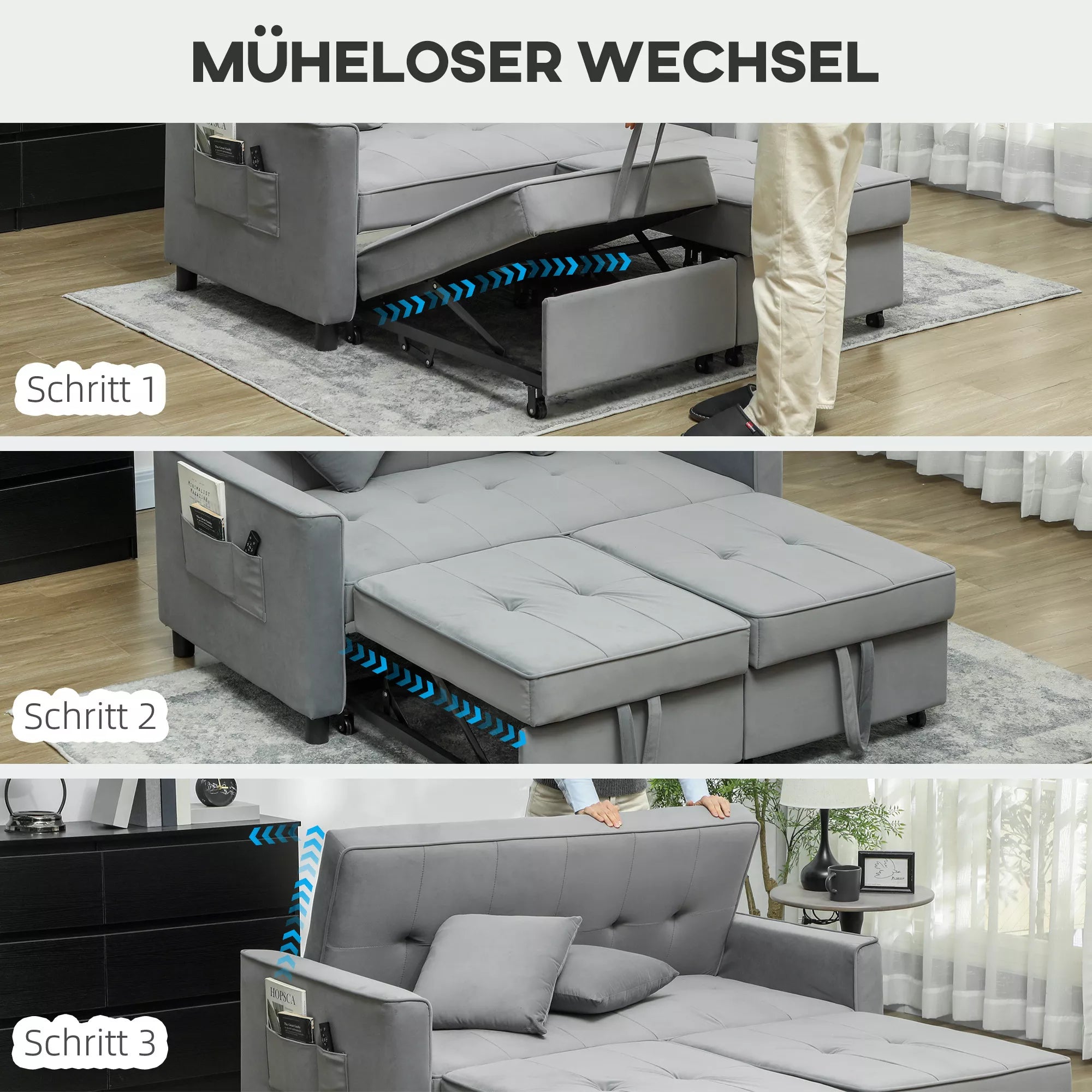 4in1 Sofa, reguliuojama sofa, sofa-lova, su pagalvėmis, audinio apmušalas, skirta svetainei, miegamajam, pilka
