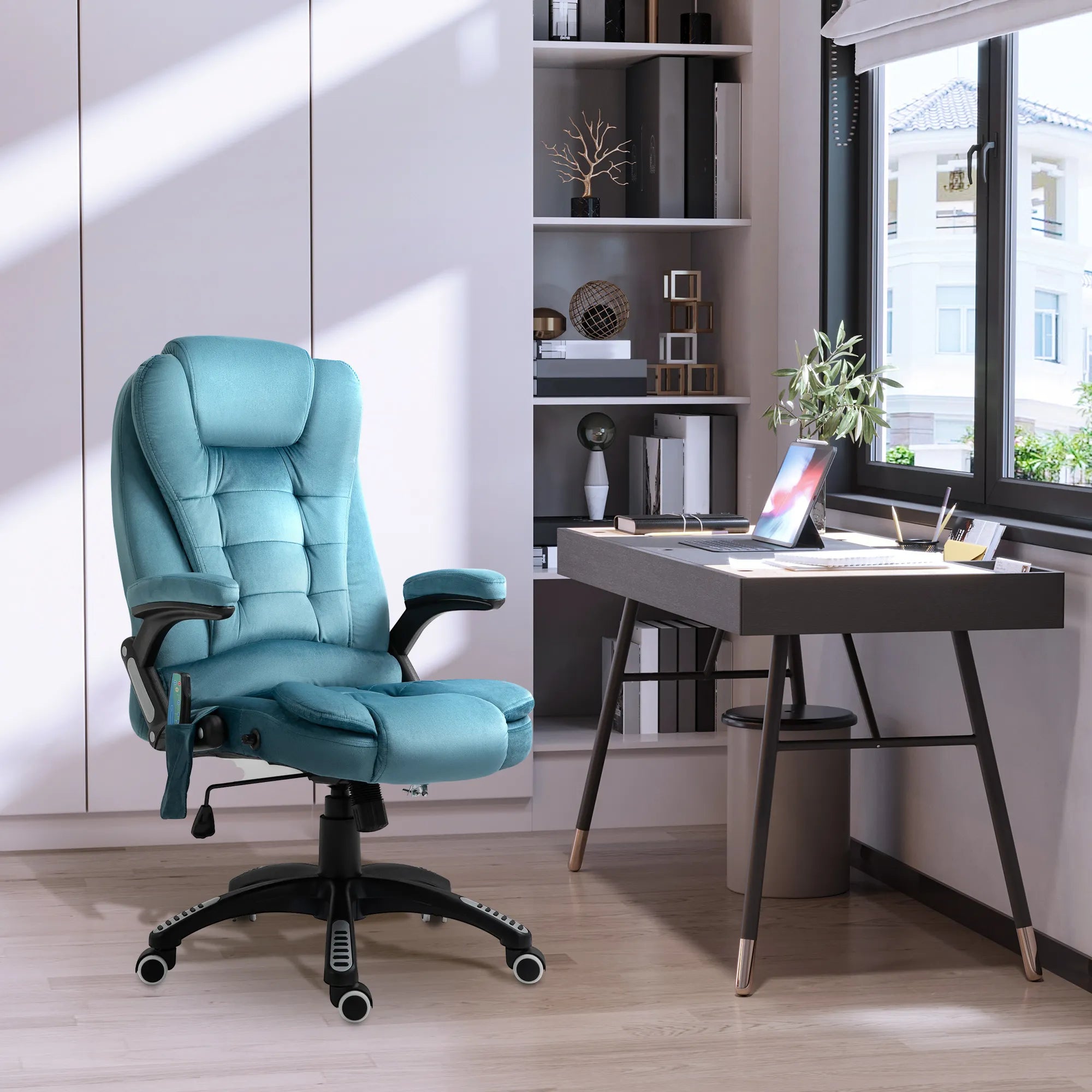 Biuro kėdė, masažinė, su šildymo funkcija, vadybininko kėdė su masažu, aukščio reguliavimo ergonomiška žaidimų kėdė, mėlyna, 68 x 72 x 110–120 cm