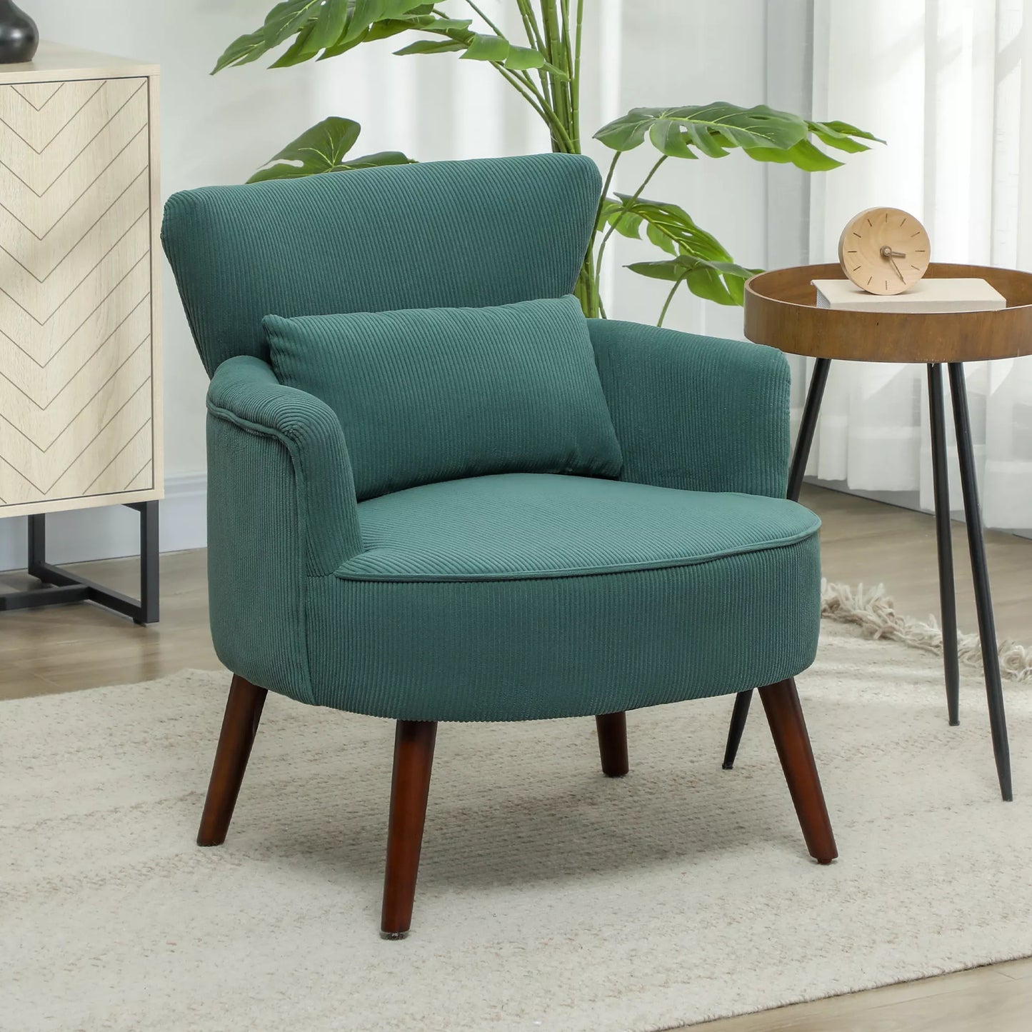 Modernus fotelis, minkšta akcento kėdė su juosmens atrama, kaučiukmedžio kojelėmis, tamsiai žalias