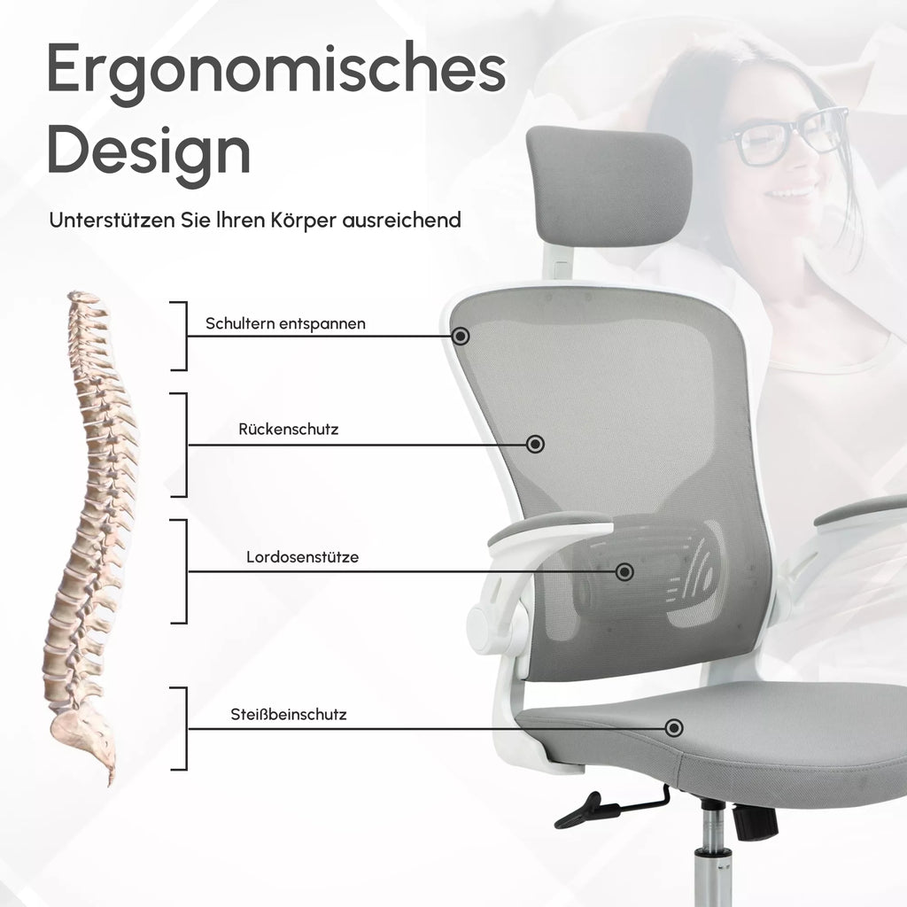 Biuro kėdė ergonomiška su atlošu ir reguliuojamais porankiais, pilka