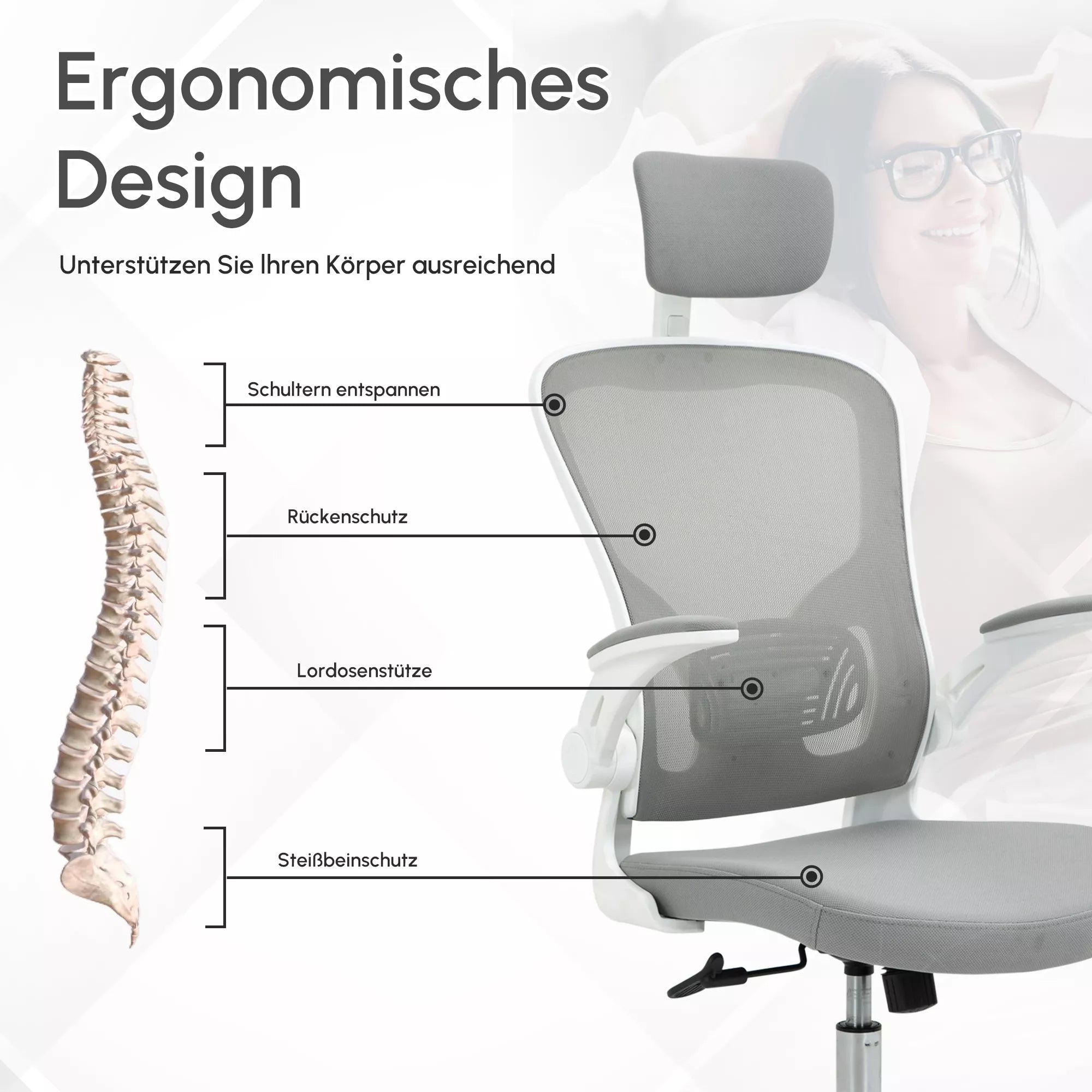 Biuro kėdė ergonomiška su atlošu ir reguliuojamais porankiais, pilka