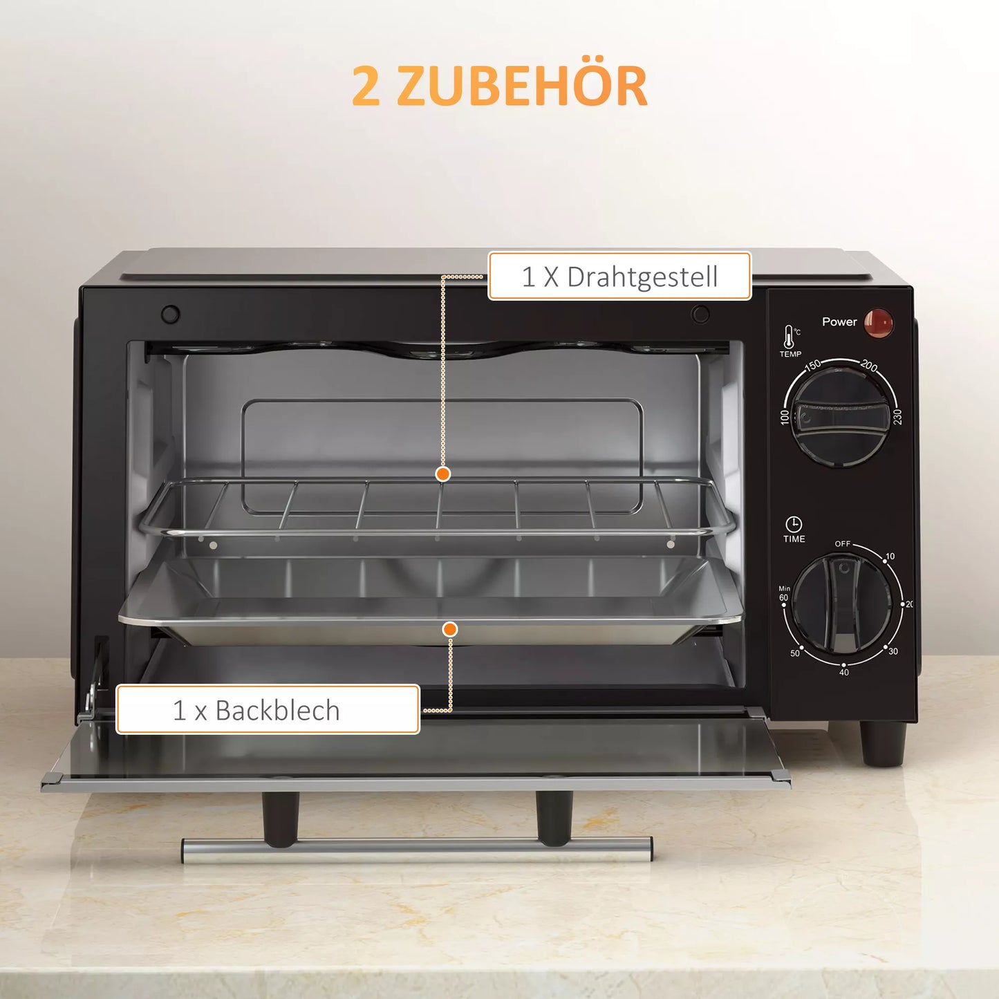 Miniorkaitė, 9 litrų talpa, reguliuojama temperatūra ir kepimo laikas, su grotelėmis ir kepimo skarda, juoda