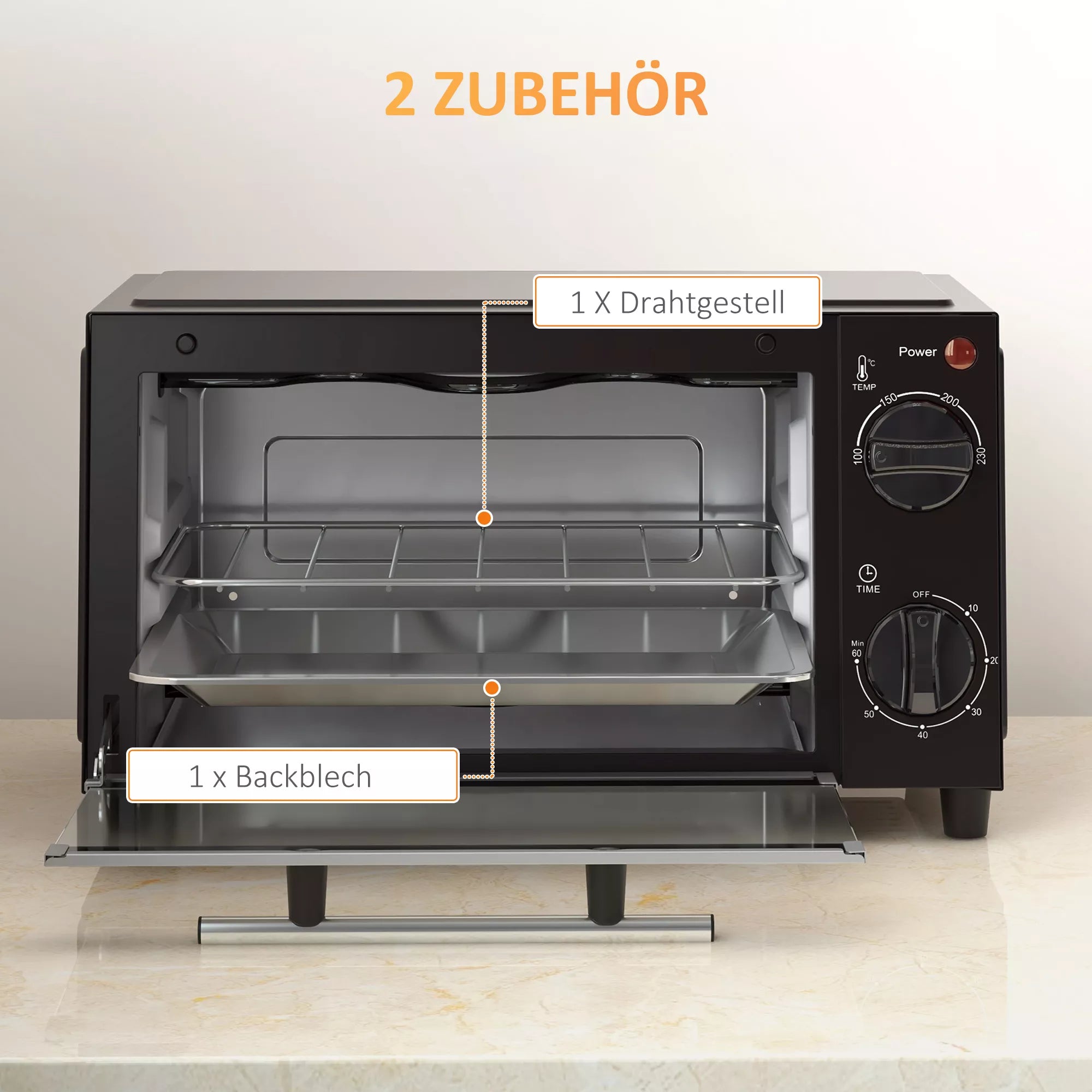 Elektrinė mini orkaitė 9 l su temperatūros ir laiko reguliavimu, juoda