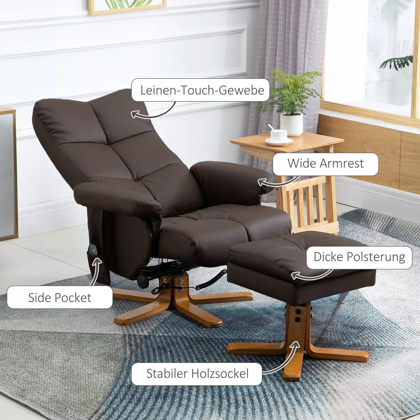 Atsipalaidavimo krėslas su gulėjimo funkcija Masažinis krėslas su pėdų atrama Fotelis televizoriui TV fotelis 145° atlošimas Gulimas krėslas Ergonomiška kėdė su 10 vibracijos taškų Dirbtinė oda Ruda 80 x 86 x 99 cm