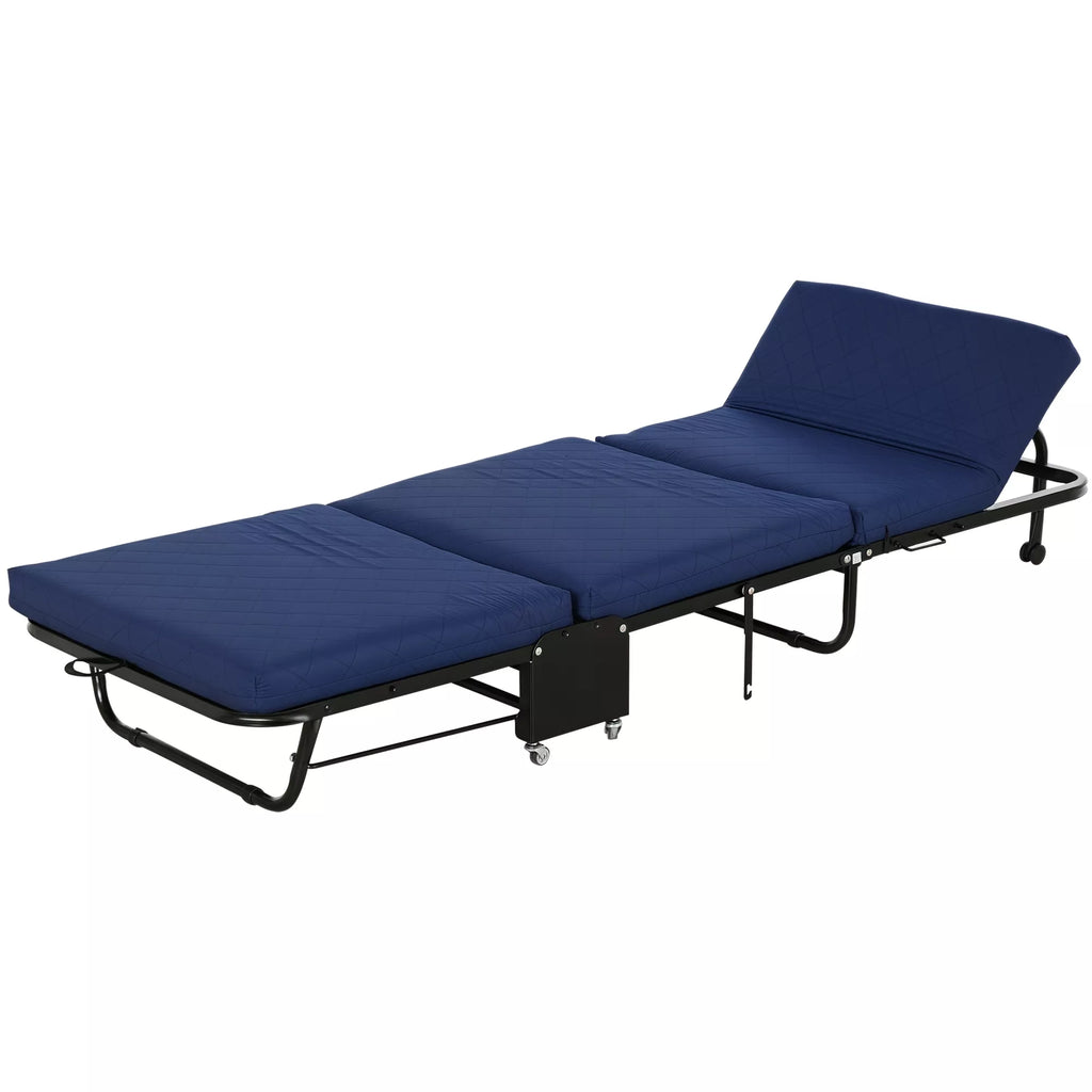 Sulankstoma lova 65x184 cm, Suaugusiųjų sulankstoma svečių lova su 6 cm storio putplasčiu, kelioninė lova su metaliniu rėmu, lauko lova su ratukais ir reguliuojamo aukščio galvūgaliu, atlaiko iki 120 kg, mėlyna