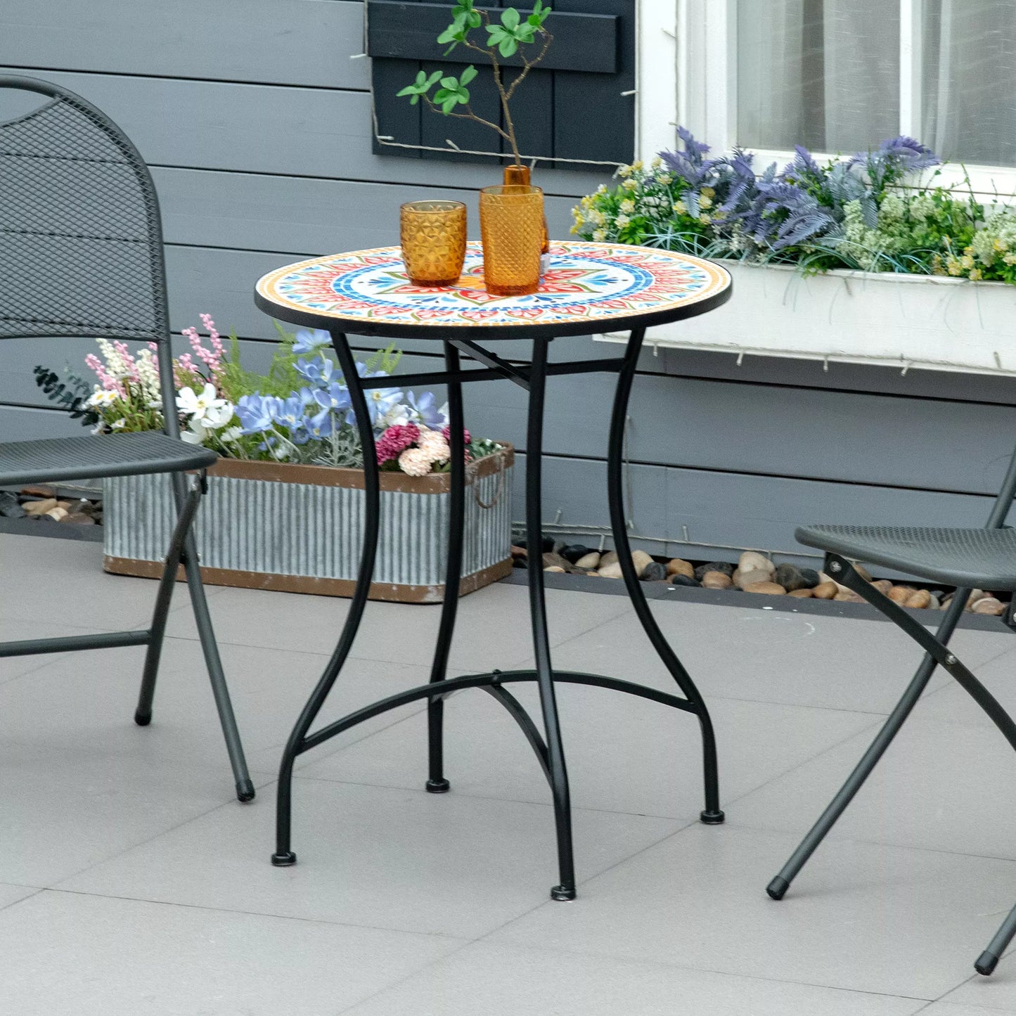 Sodo stalas Ø60 cm, Atsparus oro sąlygoms Balkono stalas iš metalo, Lauko valgomasis stalas, Kempingo stalas Pagalbinis stalas, apvalus Terasos stalas sodui, terasai, balkonui Raudona+Mėlyna+Balta