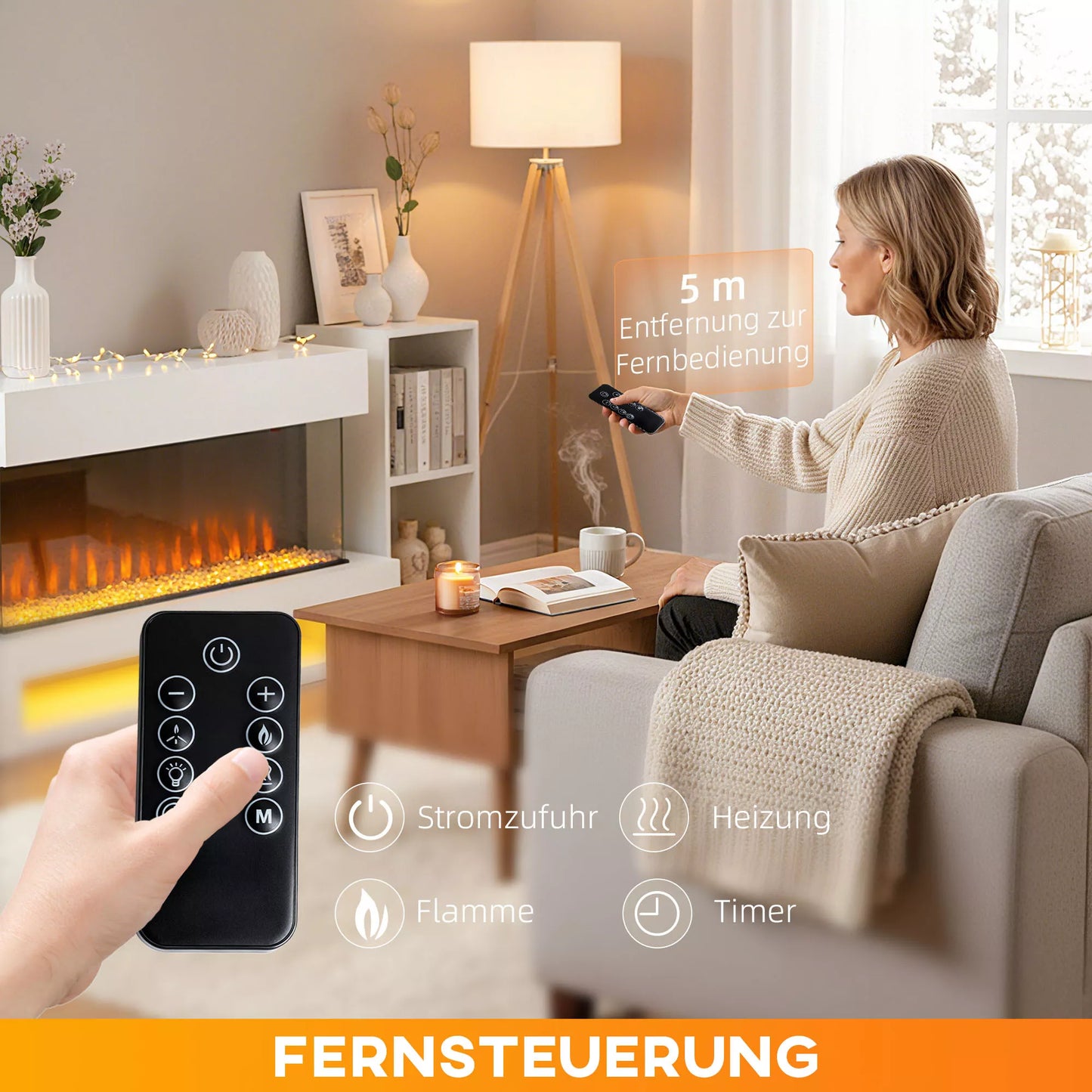 Elektrinis židinys su 11 liepsnos spalvų, 10 dekoratyvinių kristalų spalvų, 1000W/2000W, nuotolinio valdymo pultas, universalus naudojimas, baltas