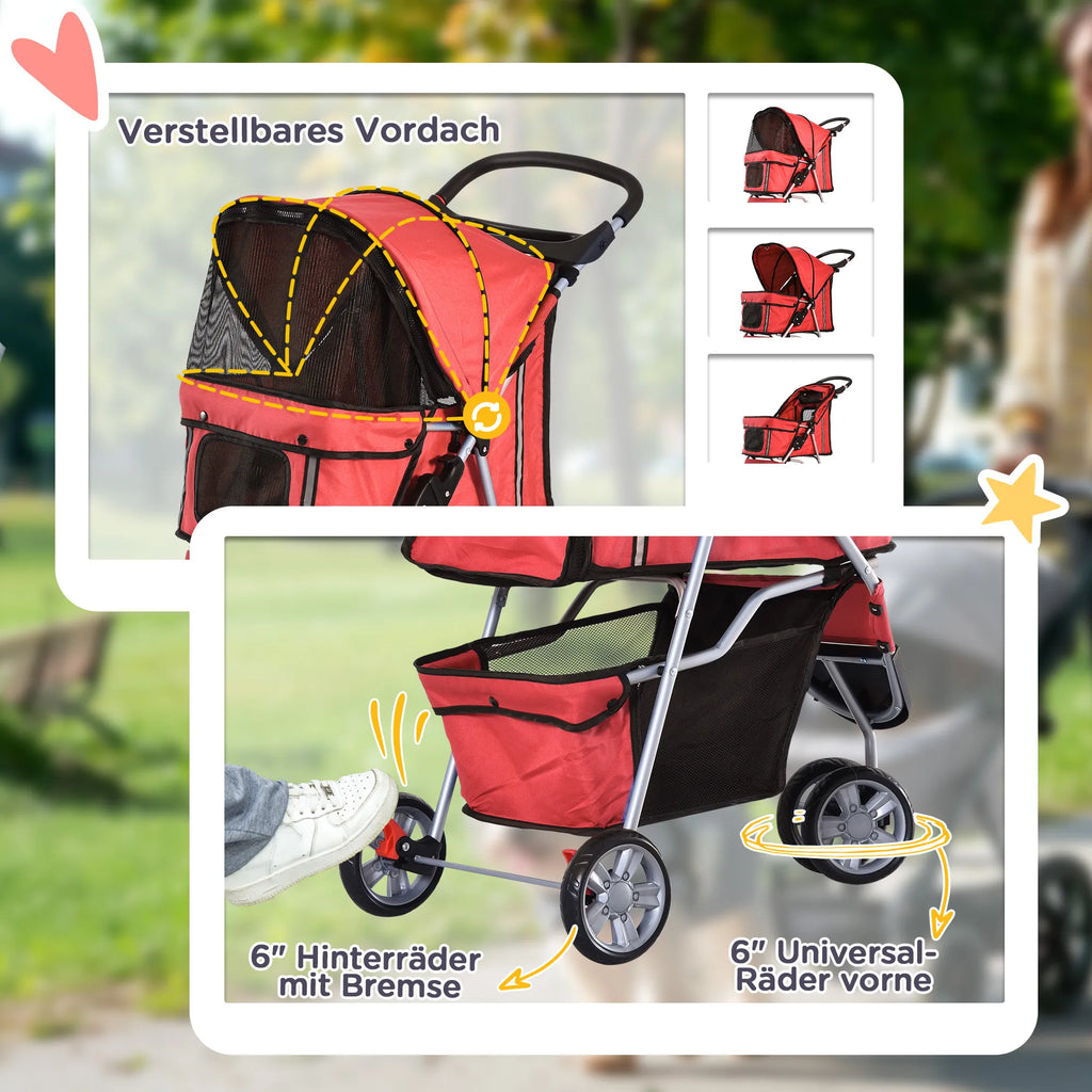 Šunų vežimėlis Šunų vežimėlis iki 10 kg Sulankstomas Dėklas 2 laikikliai puodeliams Reguliuojamas stogelis Raudonas