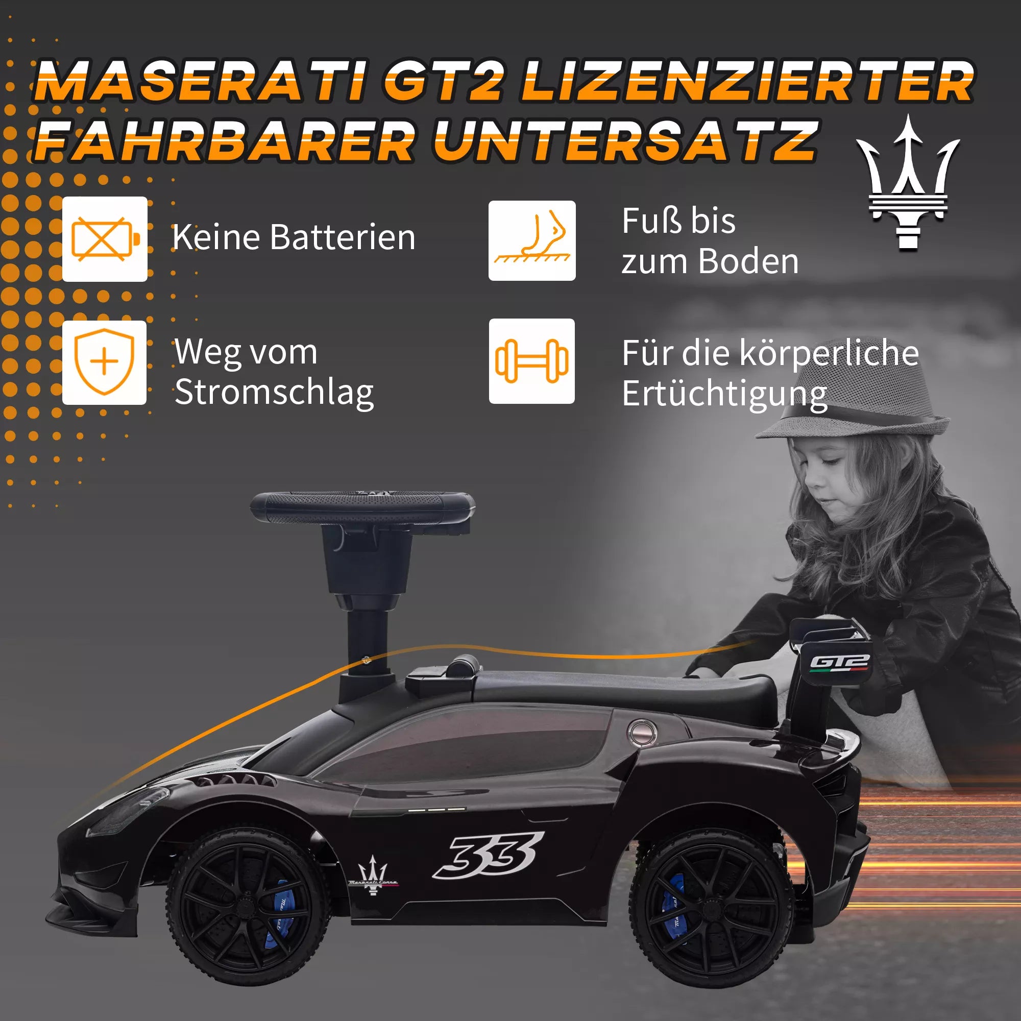Paspiriamas automobilis Maserati, laikymo vieta, garsinis signalas ir muzika, tyliai riedančios padangos, nuo 1,5 iki 5 metų, iki 25 kg, juodas