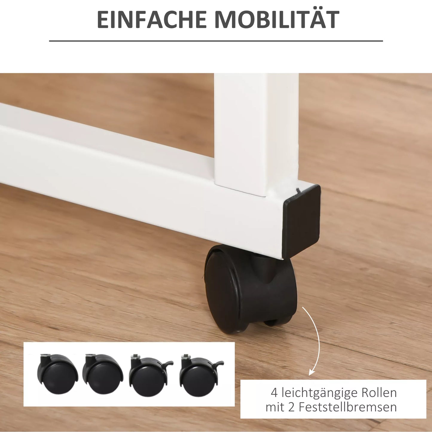 Reguliuojamo aukščio C formos staliukas ant ratukų su fiksavimo stabdžiais, mobilus staliukas prie sofos/lovos, medžio drožlių plokštės, plieno, geležies, plastiko, balta klevo spalva, 60 x 40 x 68-78 cm