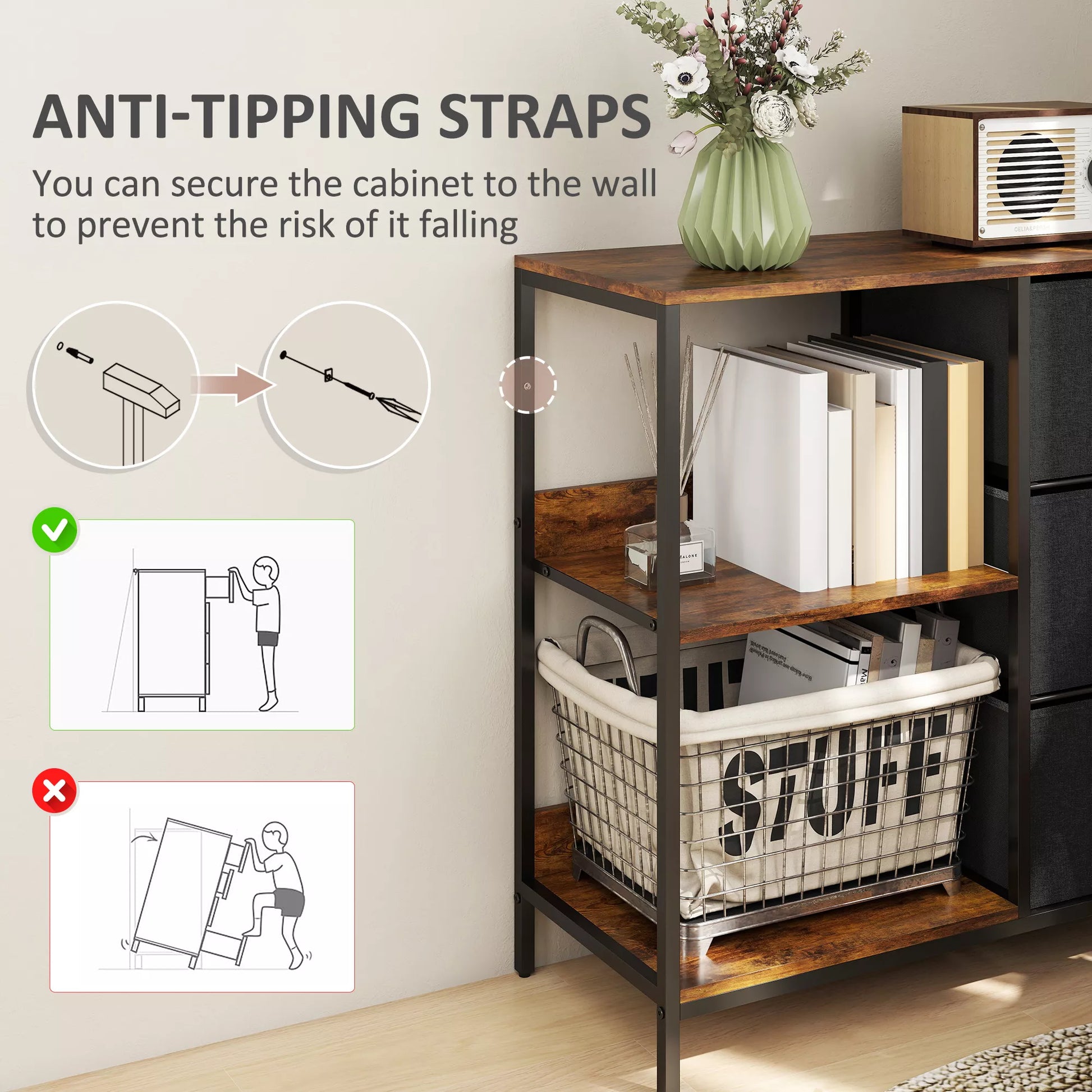 Saugojimo komoda, 3 medžiaginiai stalčiai, lentynos, metalinis rėmas, ruda+pilka