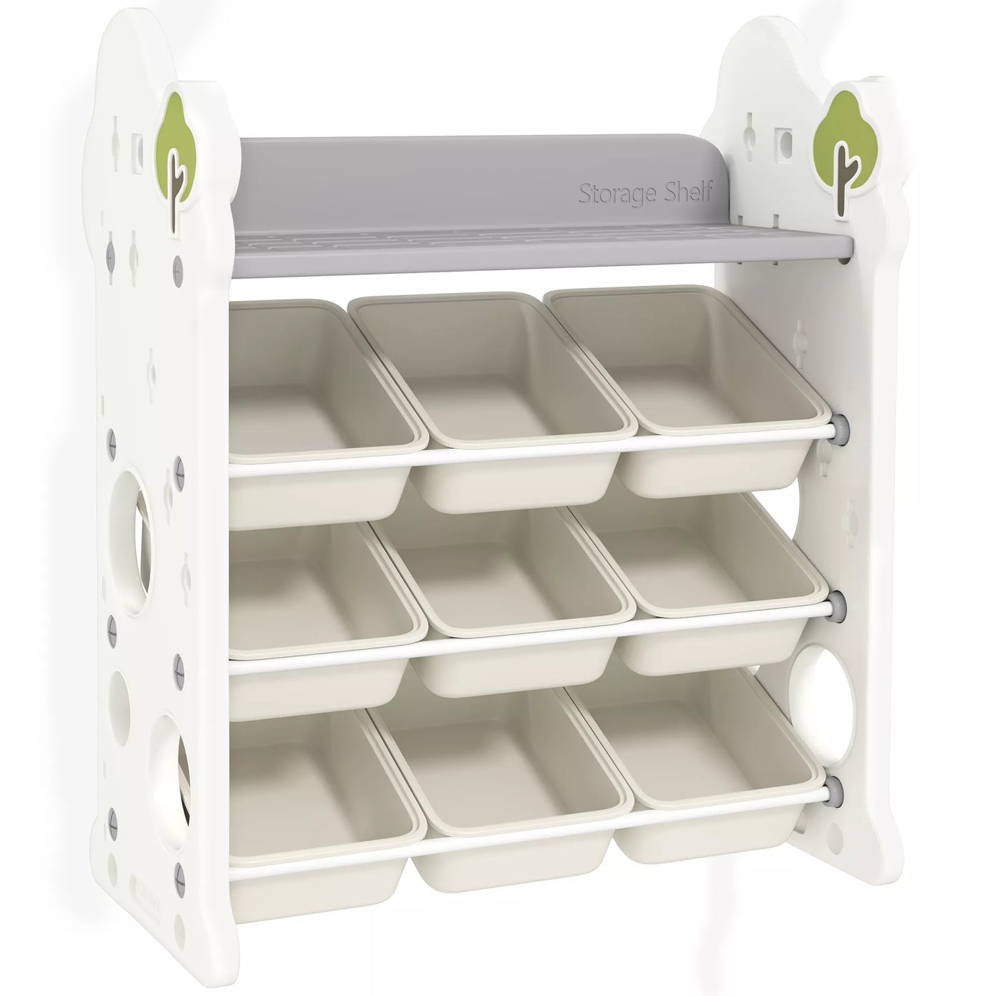 Laikymo lentyna vaikams su 9 dėžutėmis, skirta žaislams ir knygoms, vaikų kambariui, darželiui, plastikinė, kreminės baltos spalvos
