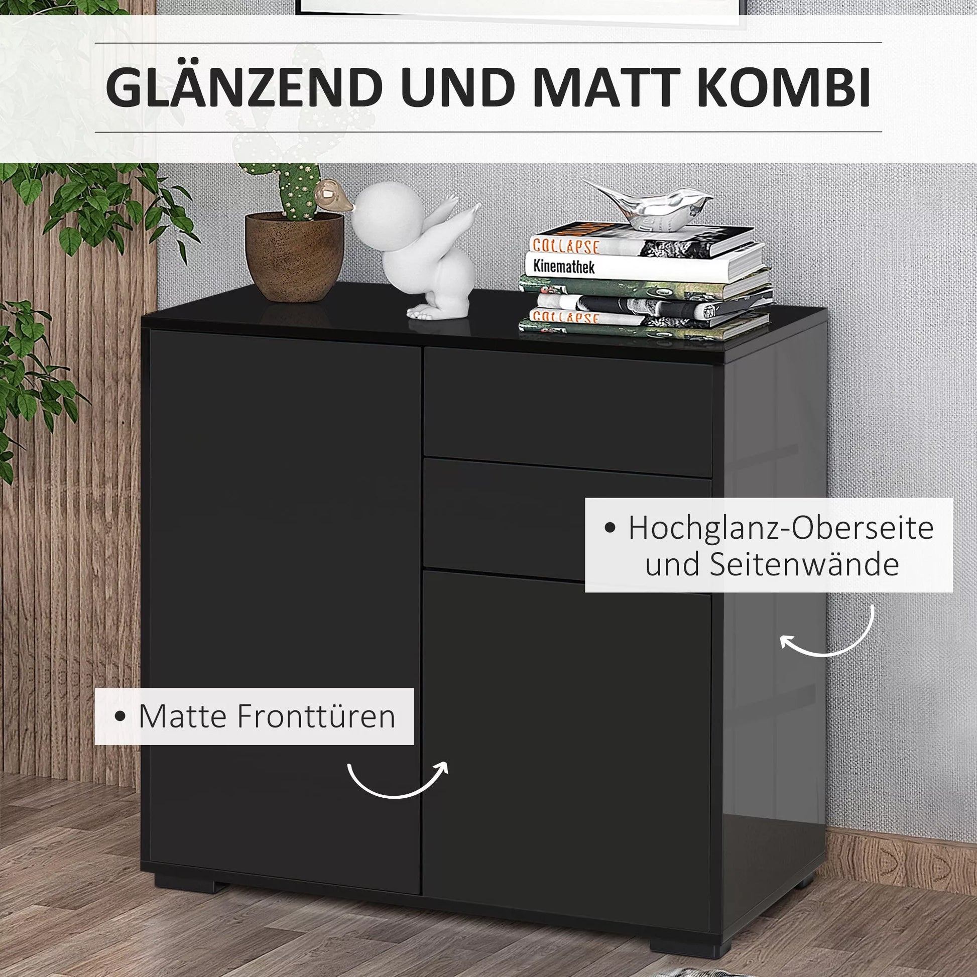 Saugojimo spinta su 2 stalčiais, 2 durimis, su apsauga nuo apvirtimo, skirta svetainei, miegamajam, 79 x 36 x 74 cm, juoda