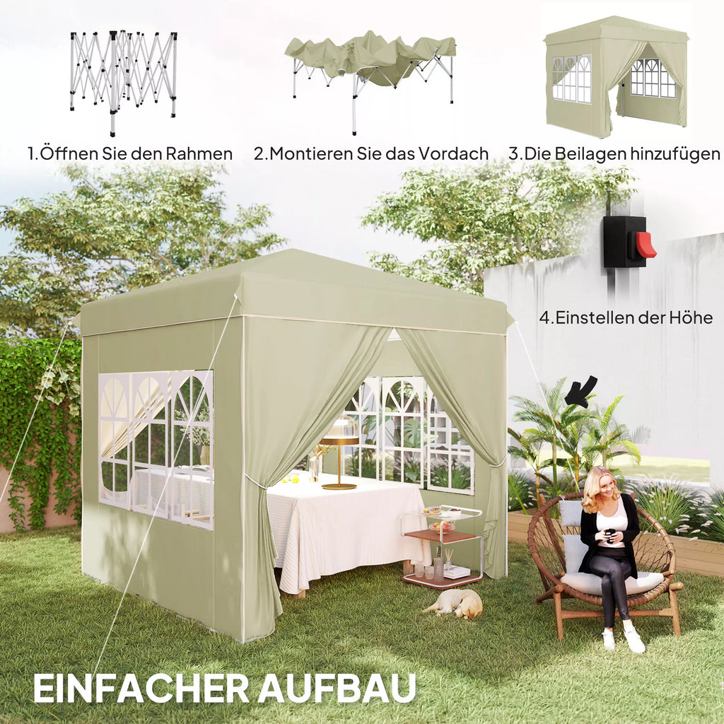 2,5 x 2,5 m Pop-up paviljono su šoninemis sienelėmis ir nešiojimo krepšiu, UPF50+ reguliuojamo aukščio sodo palapinė, kreminės baltos spalvos