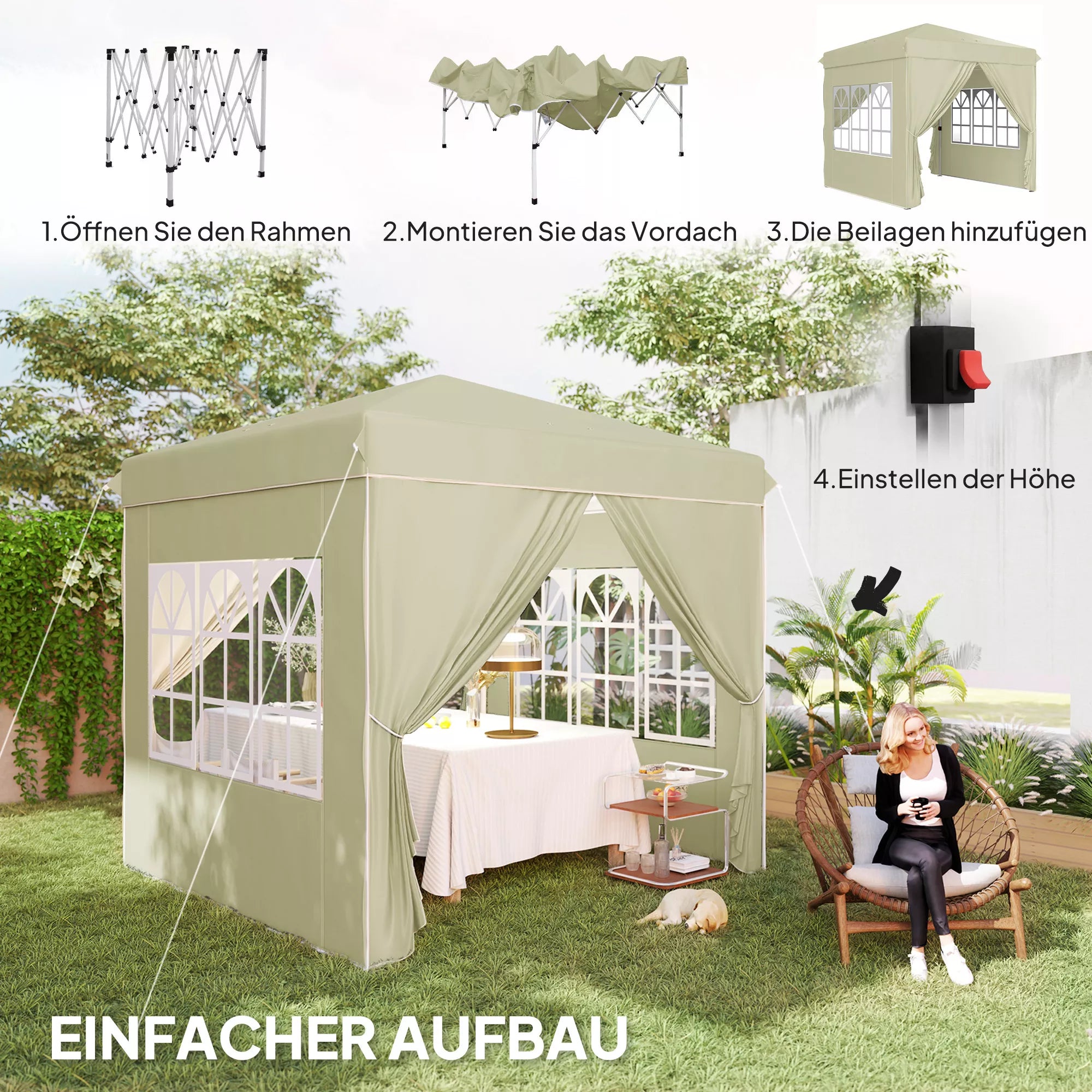 2,5 x 2,5 m Pop-up paviljono su šoninemis sienelėmis ir nešiojimo krepšiu, UPF50+ reguliuojamo aukščio sodo palapinė, kreminės baltos spalvos
