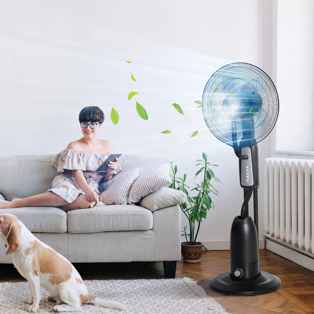 Ventiliatorius su vandens aušinimu, stovinis ventiliatorius su reguliuojamu purškimo rūku, 3 greičiai, 2,8 l vandens bakas, 70° osciliavimas, 90 W Vandens ventiliatorius su ratukais, 120 cm