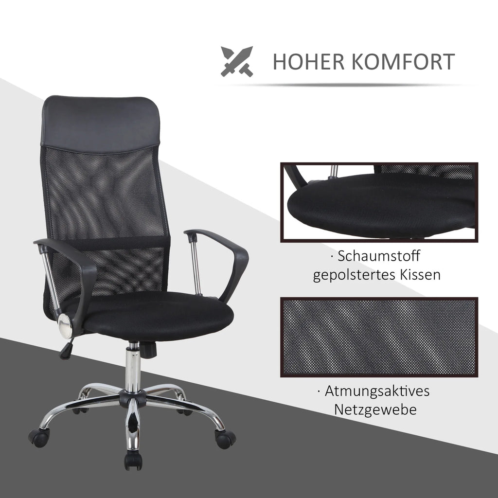 Ergonomiška biuro kėdė, žaidimų kėdė, sukiojama kėdė su sūpynės funkcija, aukščio reguliuojama darbo kėdė, putplastis, tinklelis, juoda,  63 x 65 x 109–119 cm