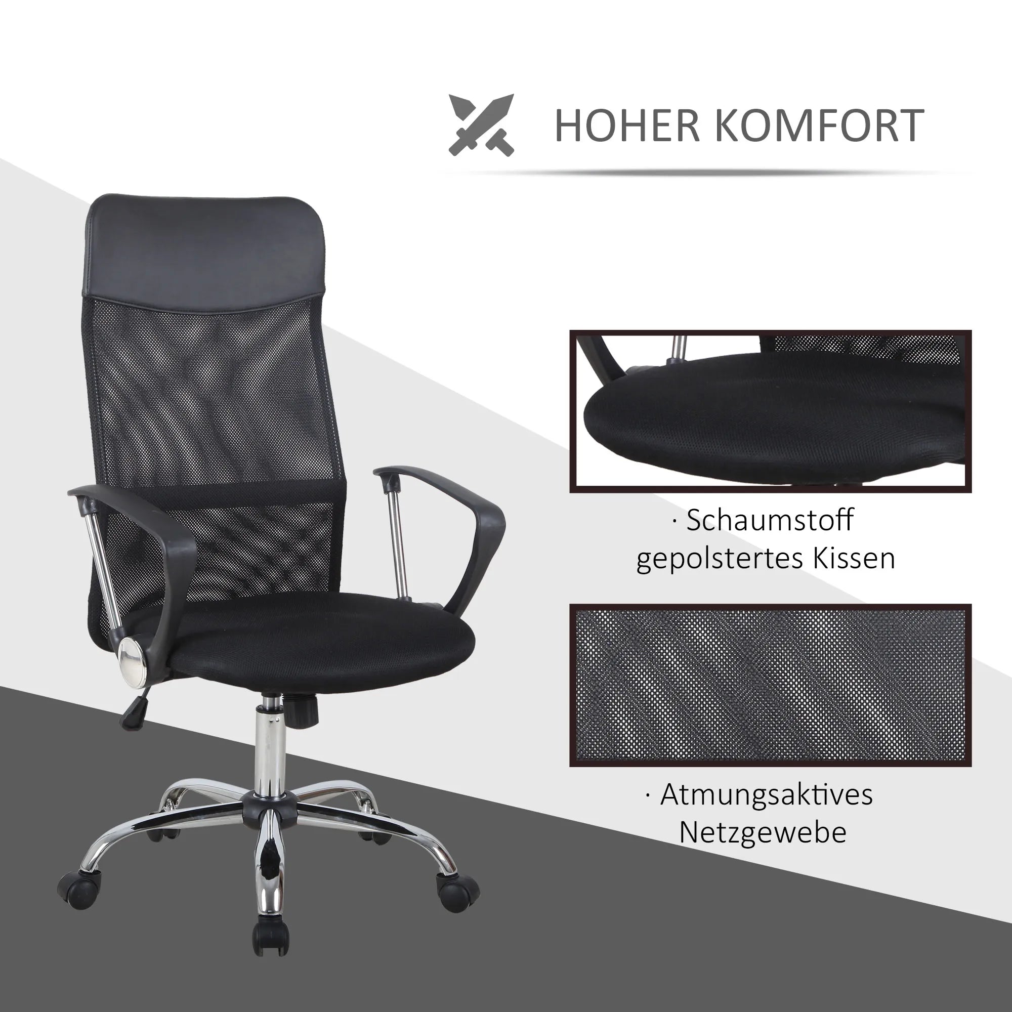 Ergonomiška biuro kėdė, žaidimų kėdė, sukiojama kėdė su sūpynės funkcija, aukščio reguliuojama darbo kėdė, putplastis, tinklelis, juoda,  63 x 65 x 109–119 cm