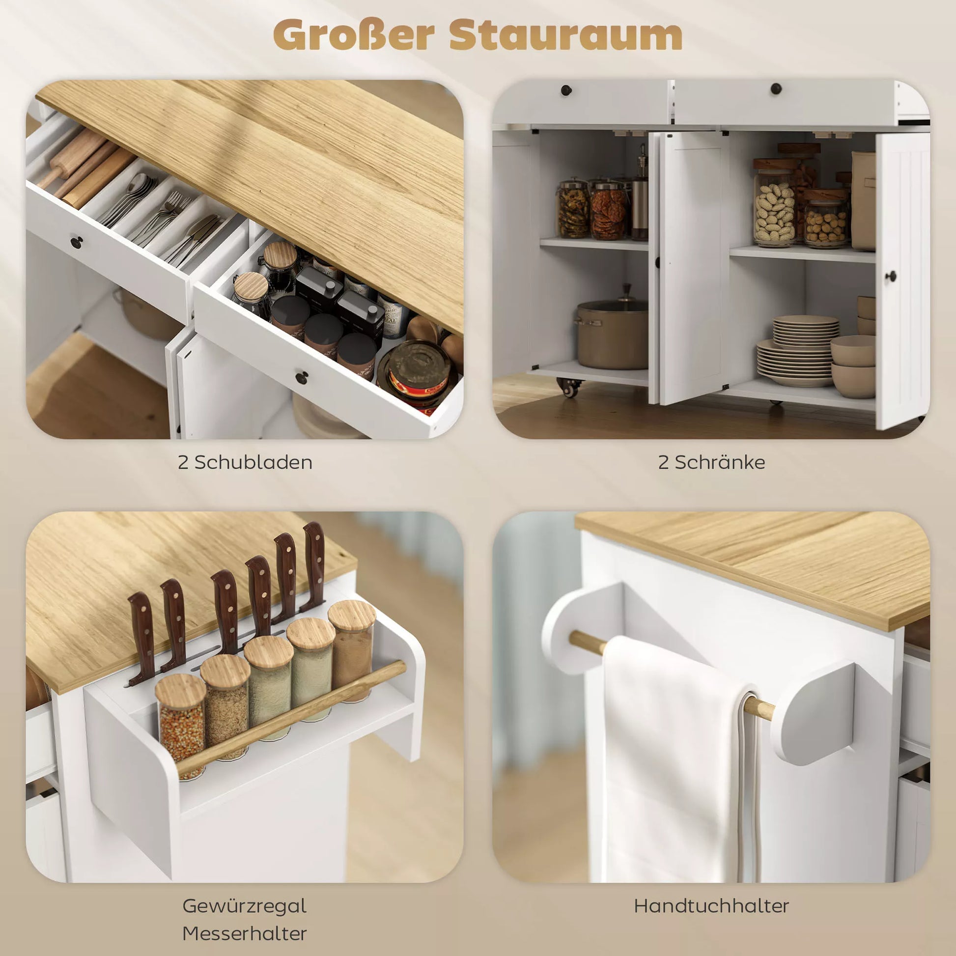 Ratinė virtuvės sala, 2 stalčiai, 2 spintelės, stumdomos, prieskonių lentynėlė, rankšluosčių laikiklis, peilių laikiklis, MDF, balta