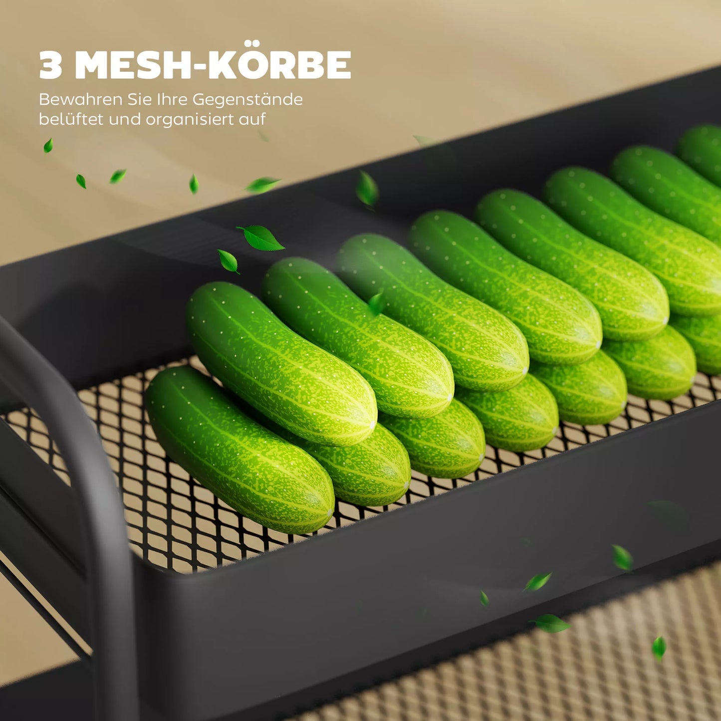 Virtuvės vežimėlis, 3 krepšiai, 4 ratukai, metalas, juodas