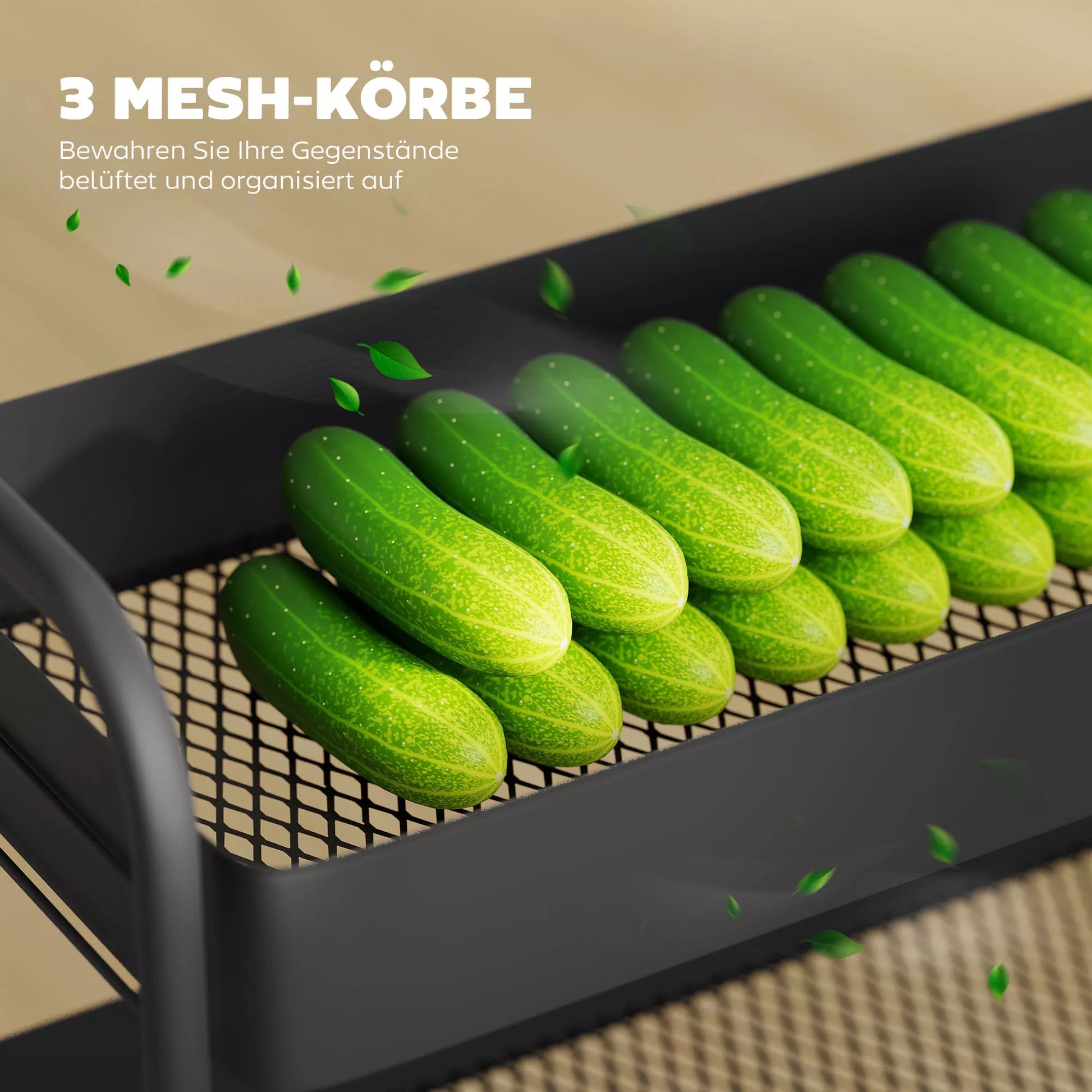 Virtuvės vežimėlis, 3 krepšiai, 4 ratukai, metalas, juodas