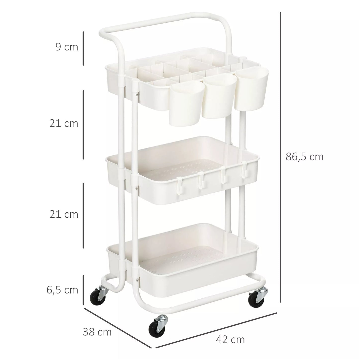 Ratinis vežimėlis, serviso vežimėlis, 3 laikymo krepšeliai, 3 pakabinamos dėžutės, 4 kabliukai, metalinis rėmas, 42 x 38 x 86,5 cm, balta