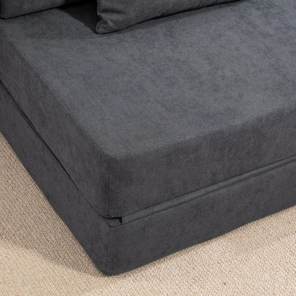 Grindų sofa, minkšta sofa, transformuojama į čiužinį, putplastis, pagalvės, tamsiai pilkos
