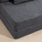 Grindų sofa, minkšta sofa, transformuojama į čiužinį, putplastis, pagalvės, tamsiai pilkos