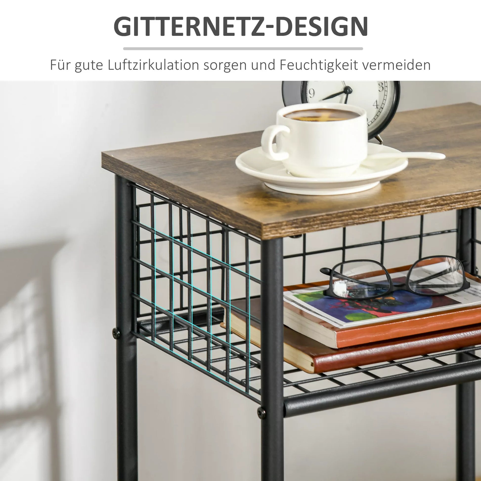 Virtuvės vežimėlis industriniame dizaine, 1 lentyna, 1 laikymo krepšys, 4 ratai, 40 cm x 30 cm x 62 cm, plienas, juoda + ruda