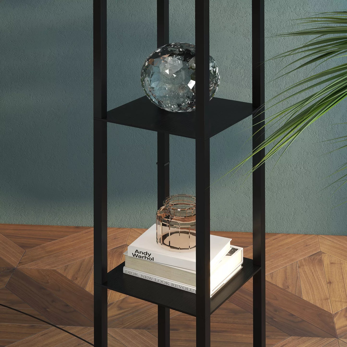 Pastelė lemputė su lentynomis, medinė grindų lempa, 26 x 26 x 160 cm, skirta svetainei/miegamajam (be lemputės)