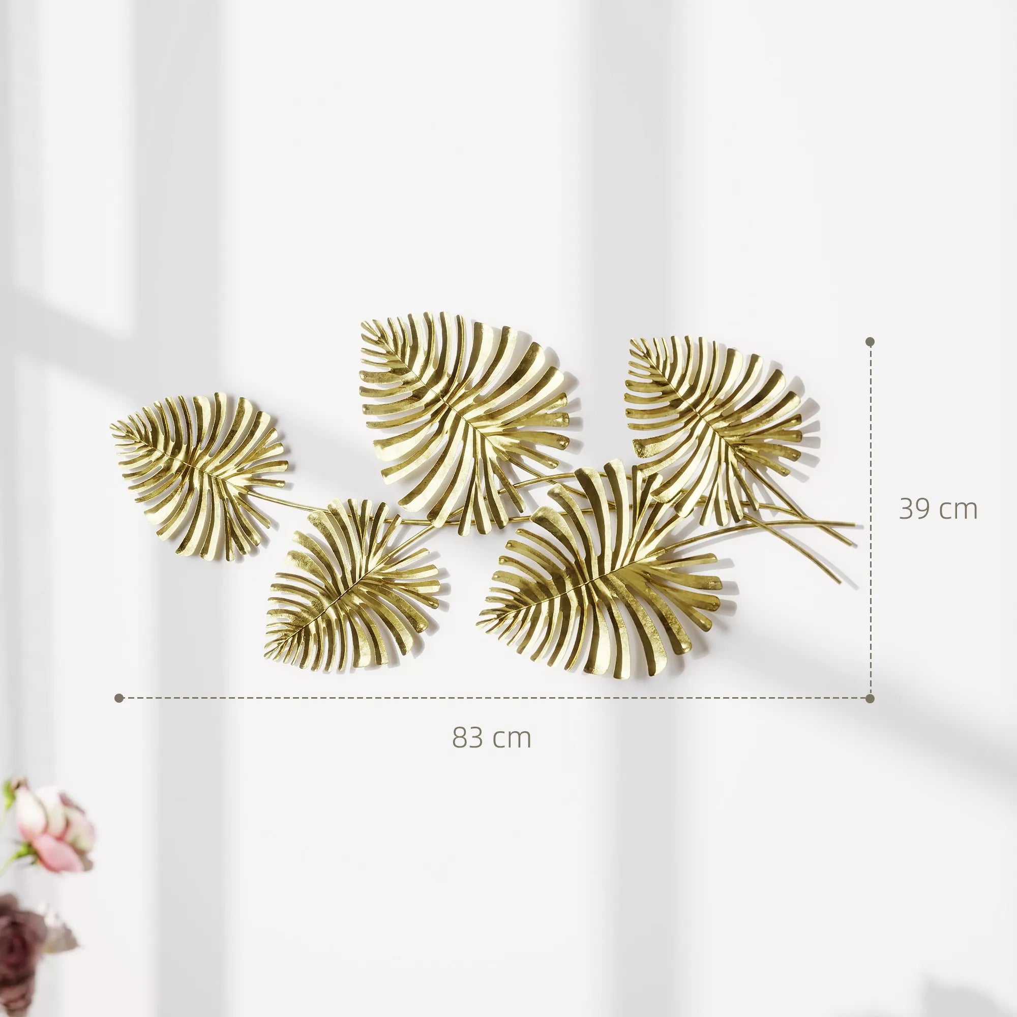 Sienų dekoracija metalinė, monstera lapų formos, 83 cm, auksinė