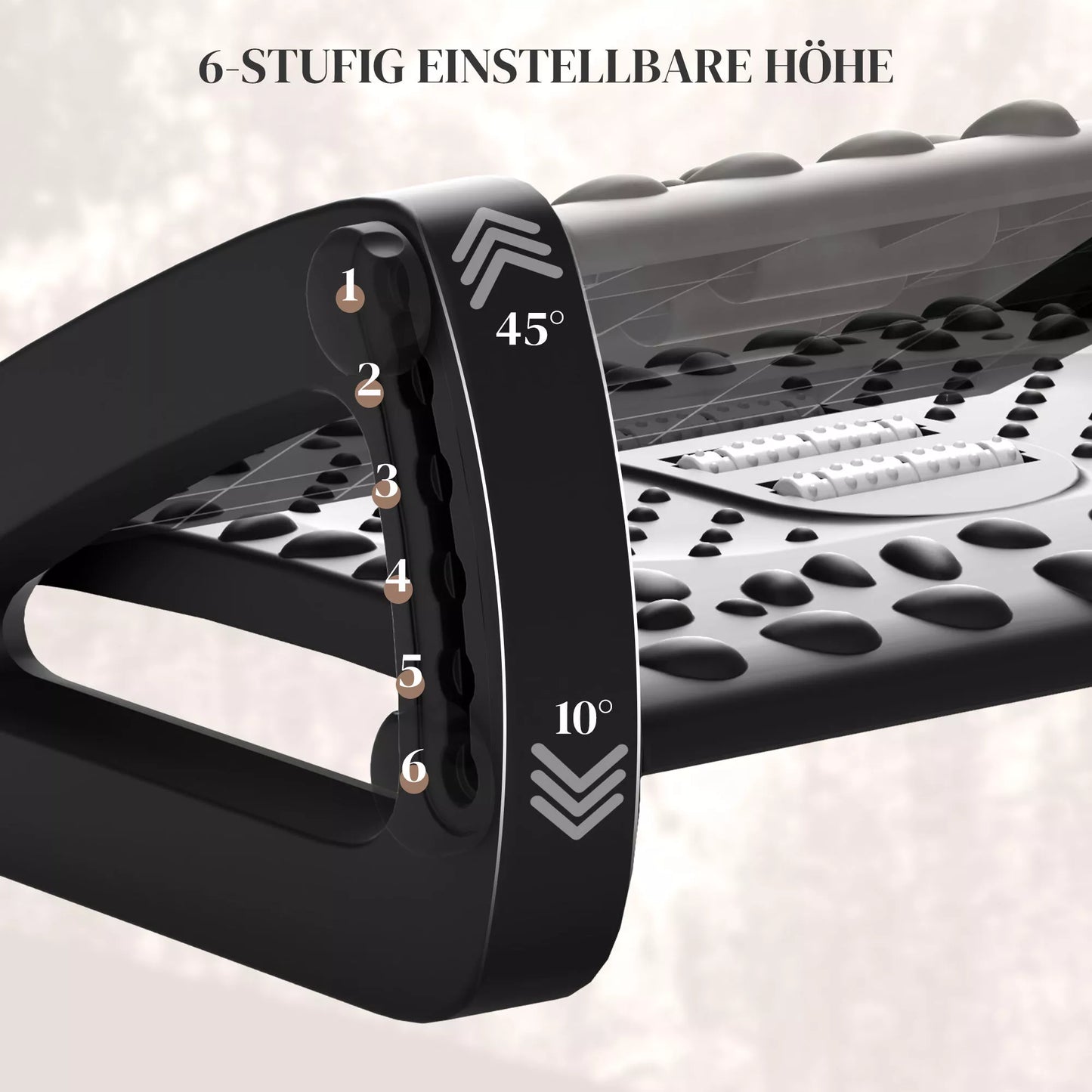 Kojų atrama stalui, aukščio reguliuojama pakoja su masažo paviršiumi ir ratukais, plastikas, juoda