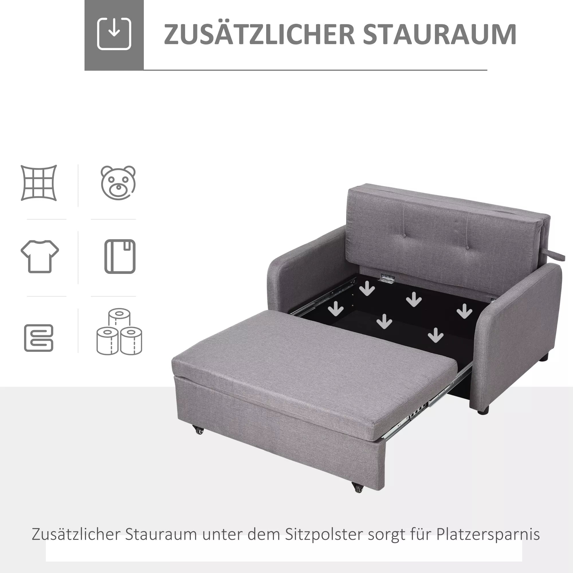Dvivietė miegamoji sofa su daiktadėže, lengvai transformuojama, lankstus dizainas, pilka