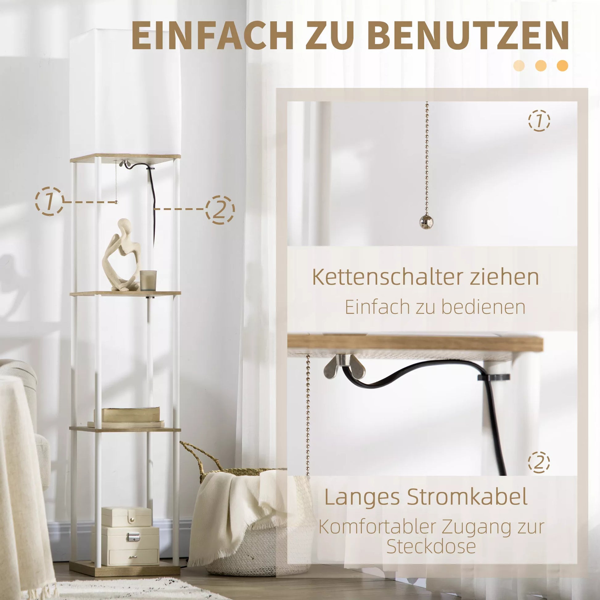 Stovas, lubų šviestuvas, su lentynomis, metalinis rėmas, audinio gaubtas, 26x26x159 cm, baltas/rudas