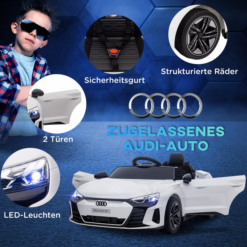 Vaikų elektrinis automobilis „Audi RS e-tron GT“ su saugos diržu, nuotolinio valdymo pultu, žibintais, muzikos funkcija, baltas, 103 x 58 x 41 cm