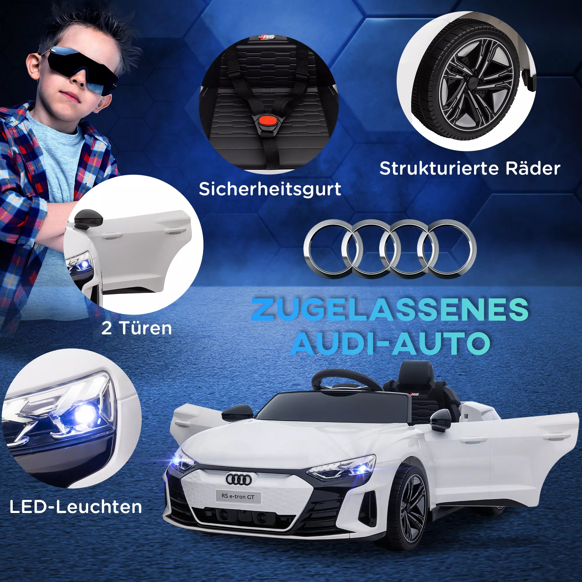 Vaikų elektrinis automobilis „Audi RS e-tron GT“ su saugos diržu, nuotolinio valdymo pultu, žibintais, muzikos funkcija, baltas, 103 x 58 x 41 cm