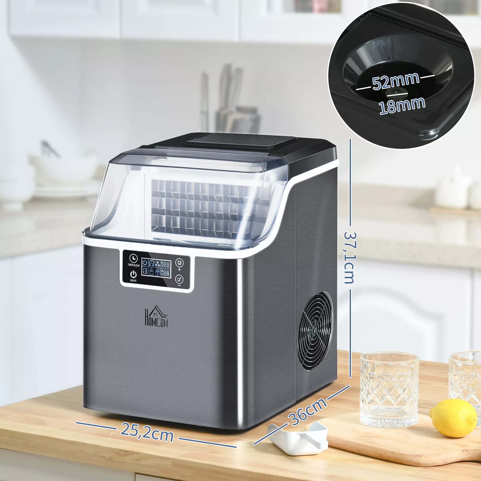 Ledo kubelių gaminimo aparatas Ledo kubelių dozatorius Ice-Maker 20 kg/24 val. 2,3 l ledo kubelių gaminimo aparatas su 3,2 l vandens rezervuaru, juodos spalvos