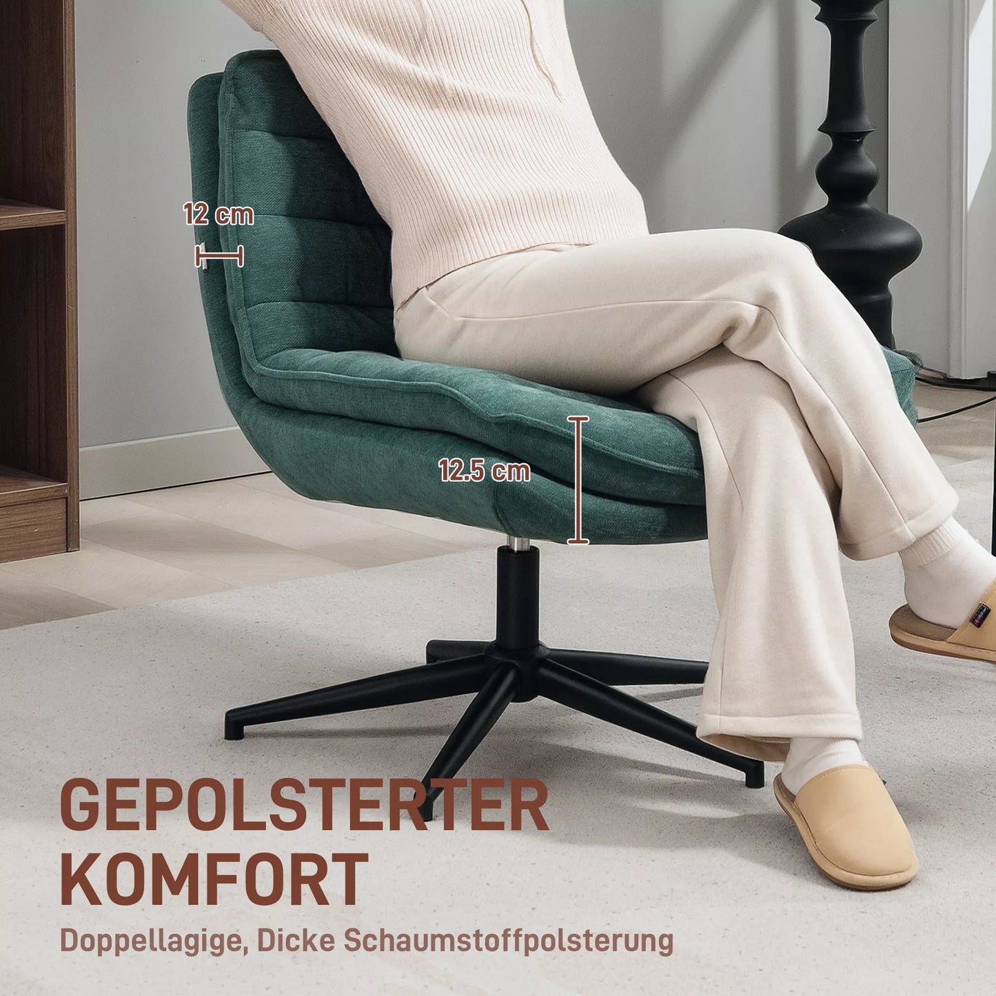 Sukamoji biuro kėdė su plačia sėdyne, Erdvus paminkštintas krėslas biurui, darbo kambariui, Tamsiai žalia