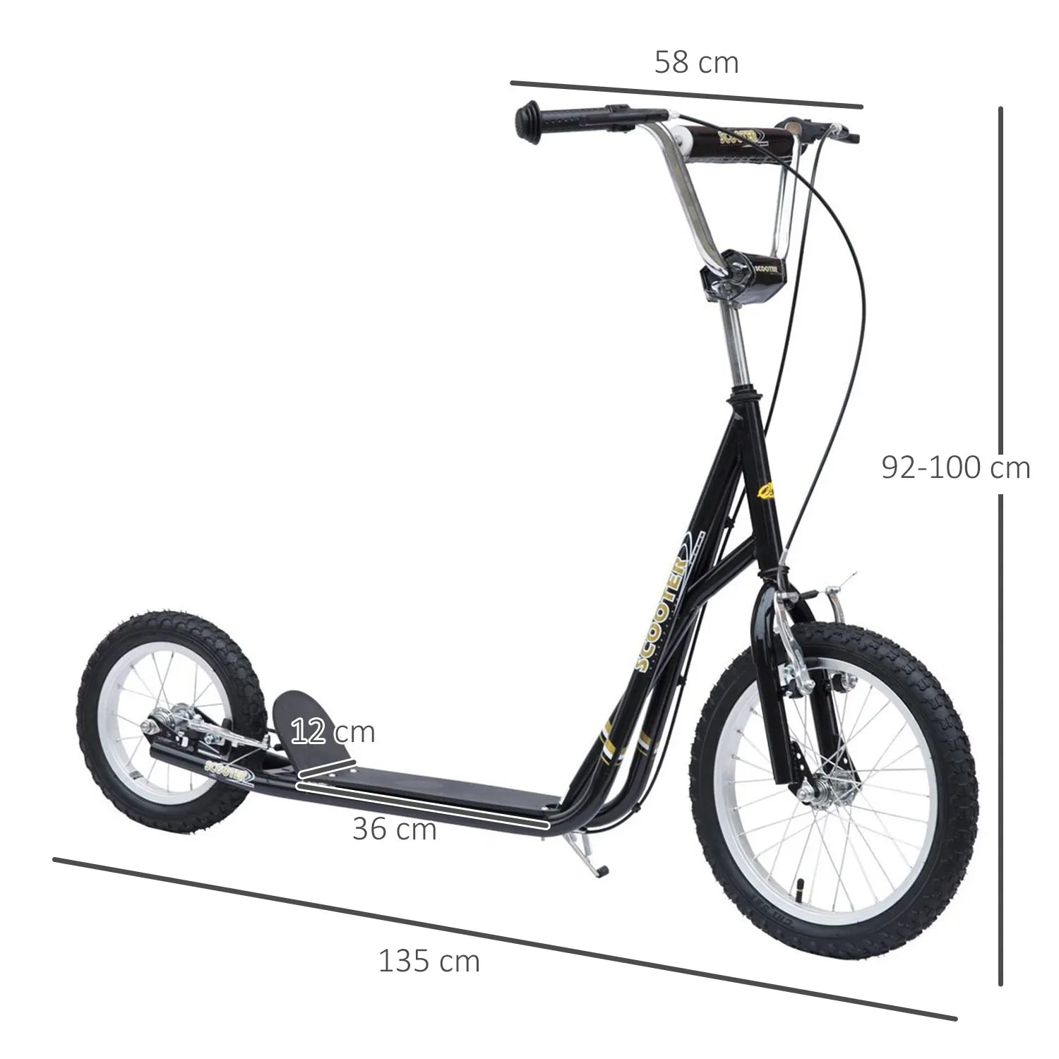 Vaikų paspirtukas 16/12 colių paspirtukas su stabdžiais Miesto paspirtukas Kickboard Vaikų paspirtukas vaikams nuo 5 metų Juodas 135 x 58 x 92-100 cm