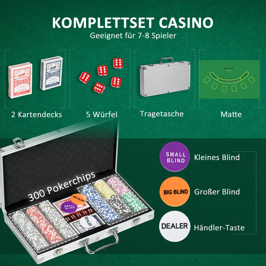 Kazino reikmenys ir žetonai Pokerio rinkinys su žetonais Pokerio žetonų dėklas, su pagrindu, rinkinys su 300 žetonais, 2 kortų žaidimais, 5 kauliukais